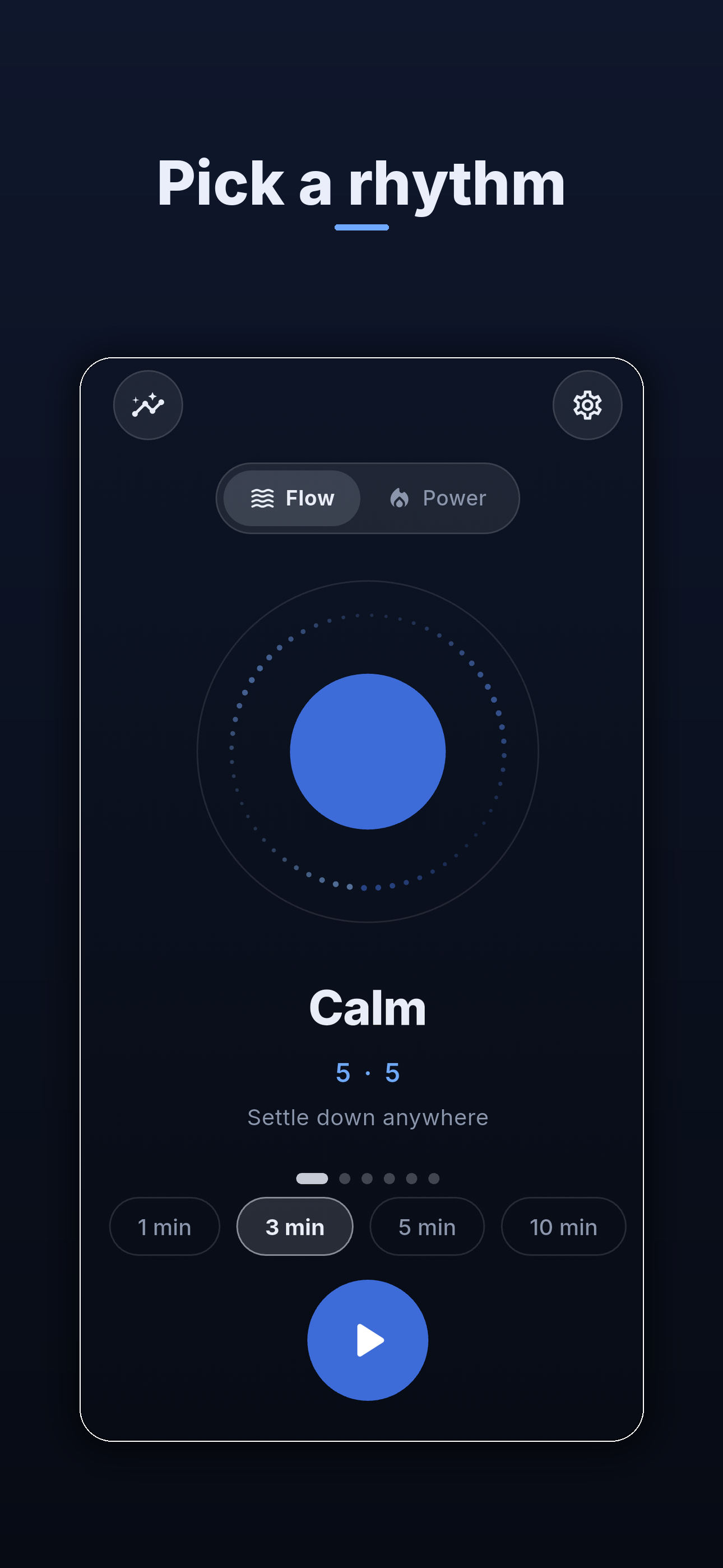 Breathe home screen — the breathing orb with the Calm 5-5 rhythm on a deep-night background