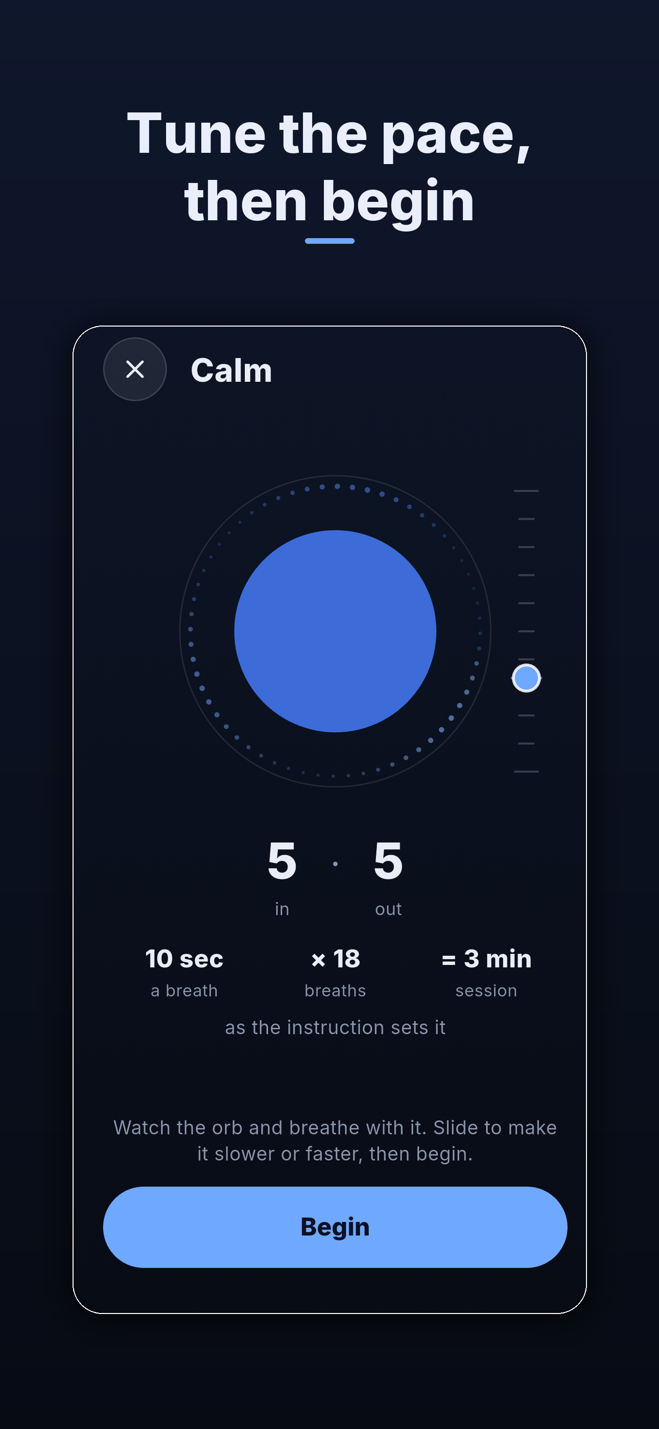 Setting the pace before a session: a vertical scale beside the orb, five seconds in and five out, ten seconds a breath