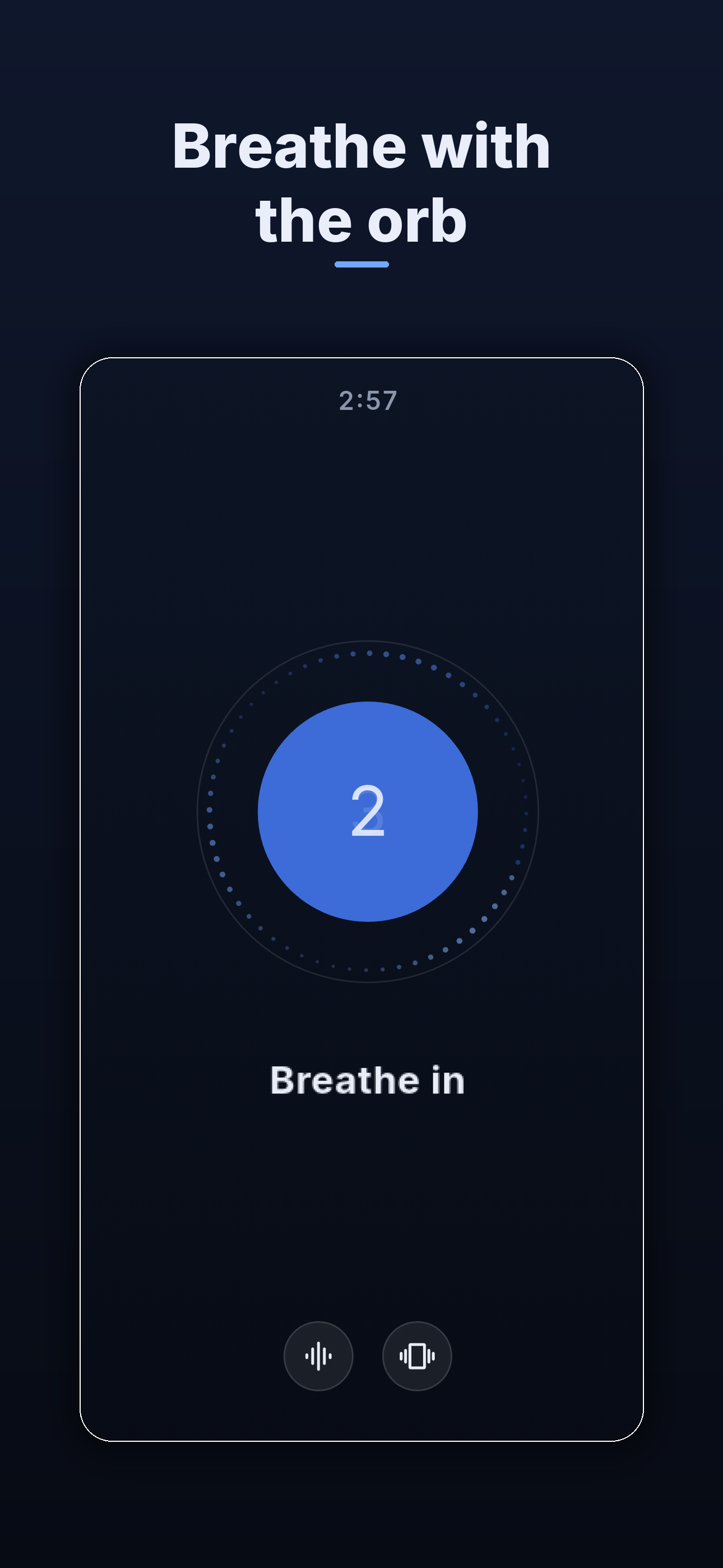 A session in progress — the orb contracts on the exhale with a seconds counter and the Breathe out cue
