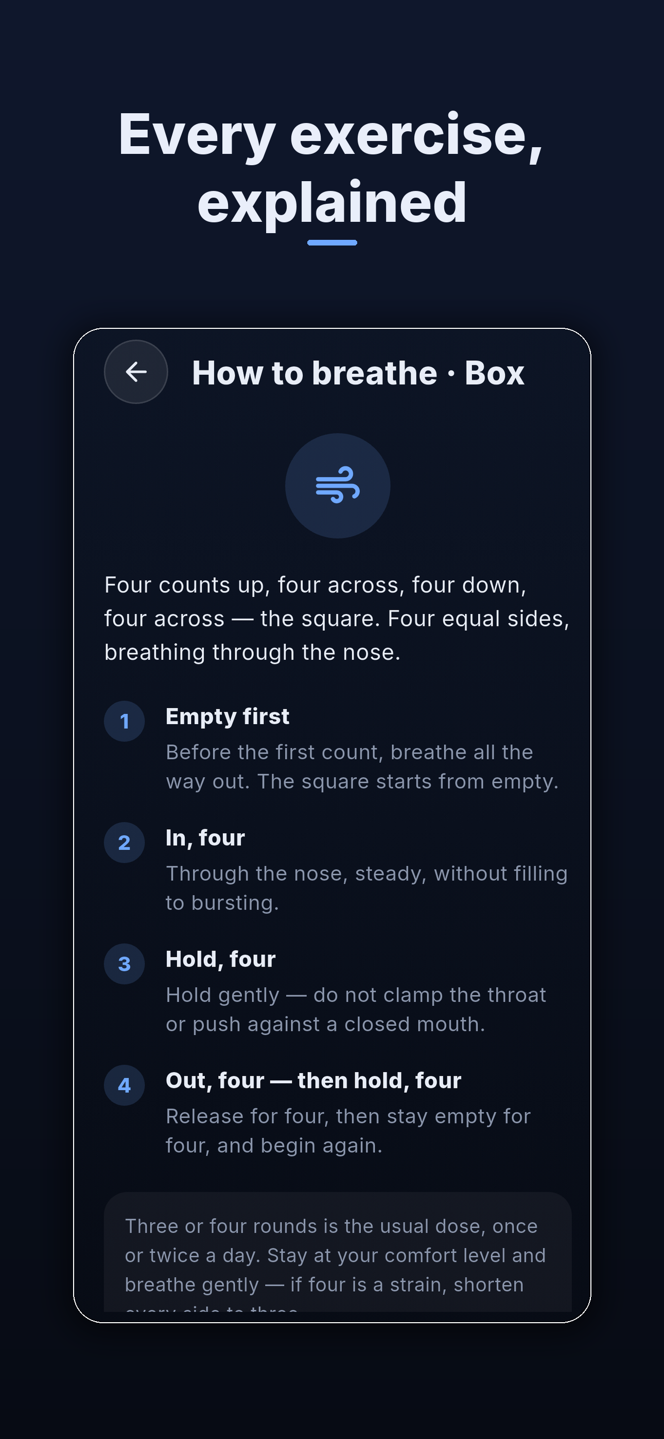 The written instruction for Box breathing: empty first, in four, hold four, out four, hold four