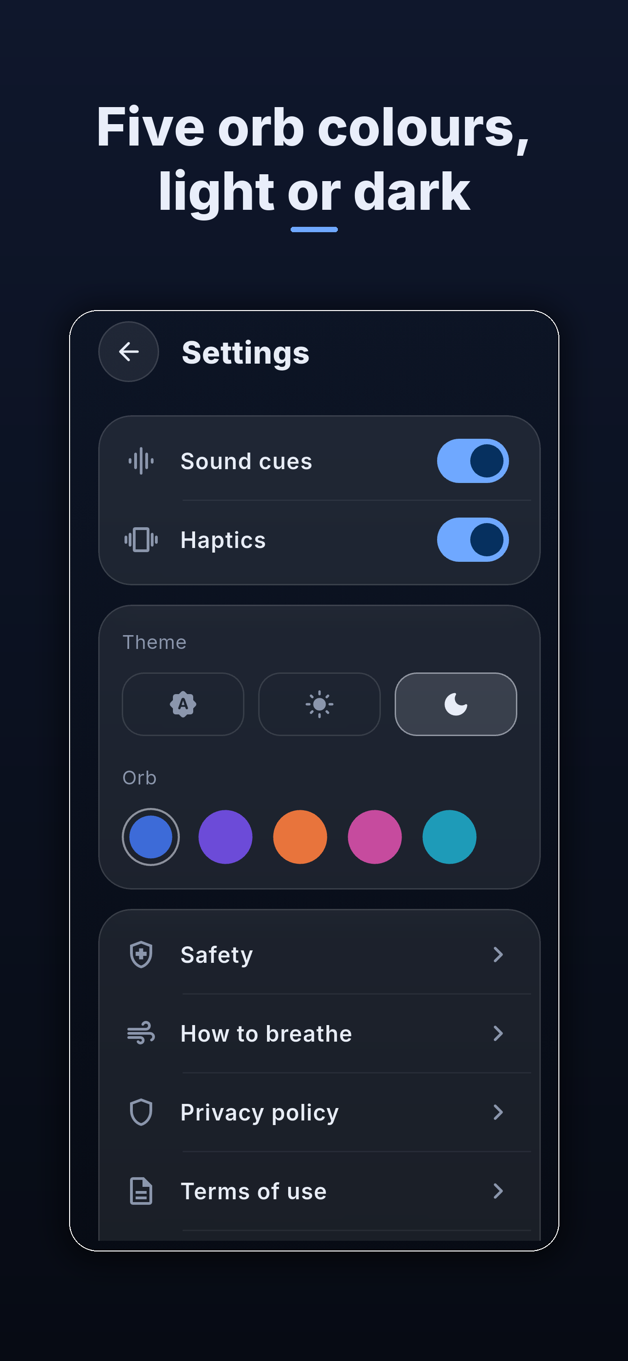 Settings with five free orb colours, light and dark themes, sound and haptic options