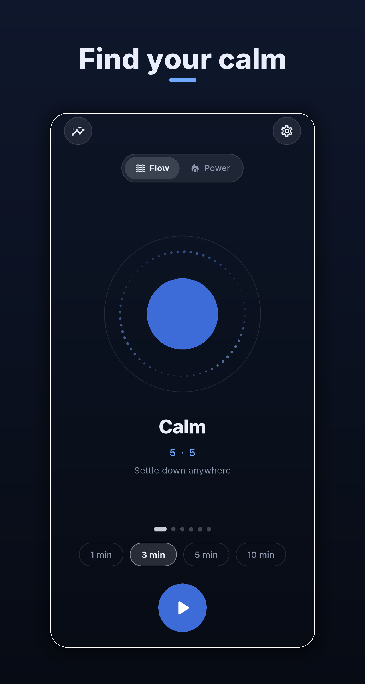Breathe home screen with the flat breathing orb and the Calm 5-5 rhythm on a deep-night background
