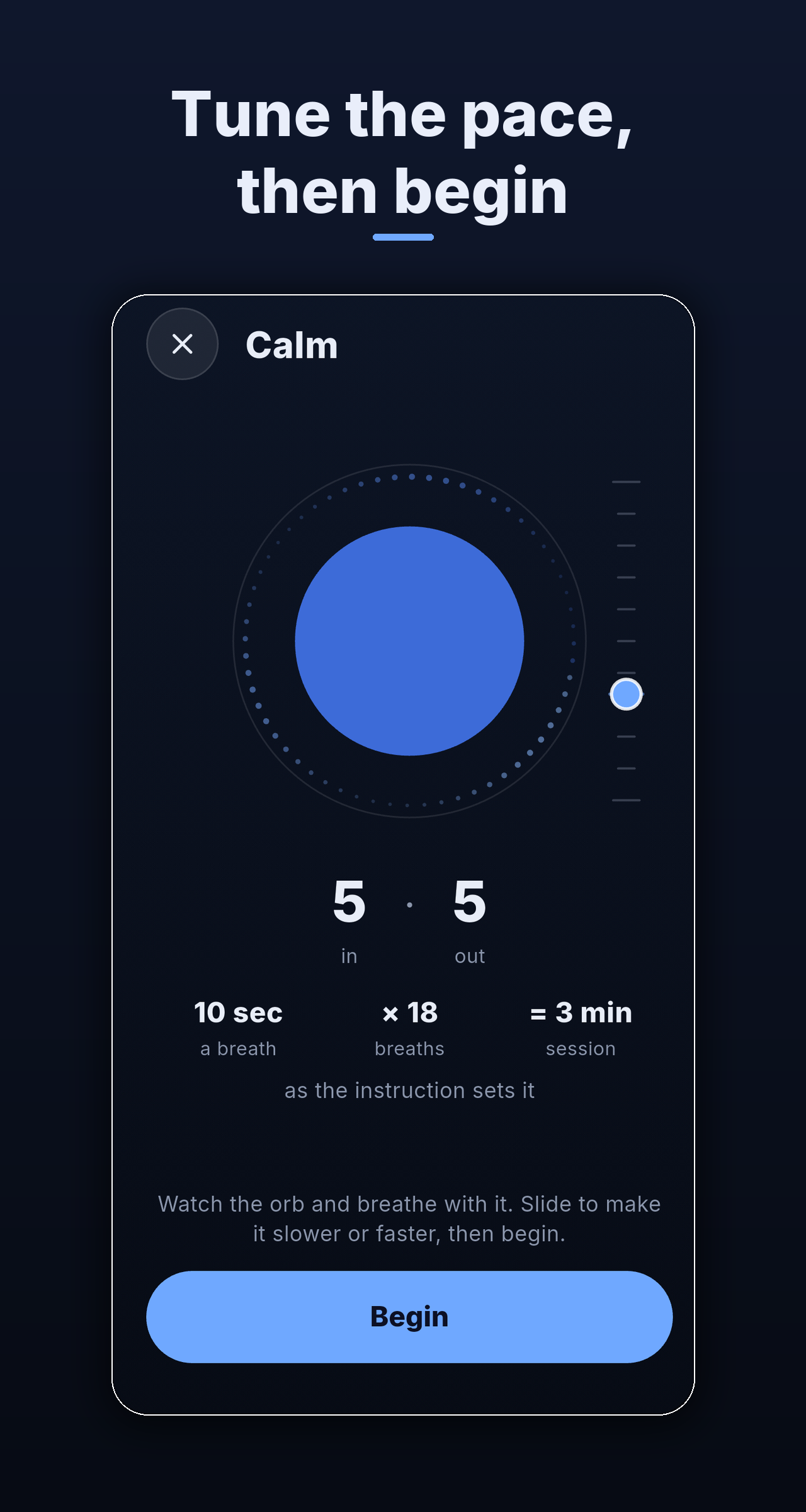 Setting the pace before a session: a vertical scale beside the orb, five seconds in and five out, ten seconds a breath
