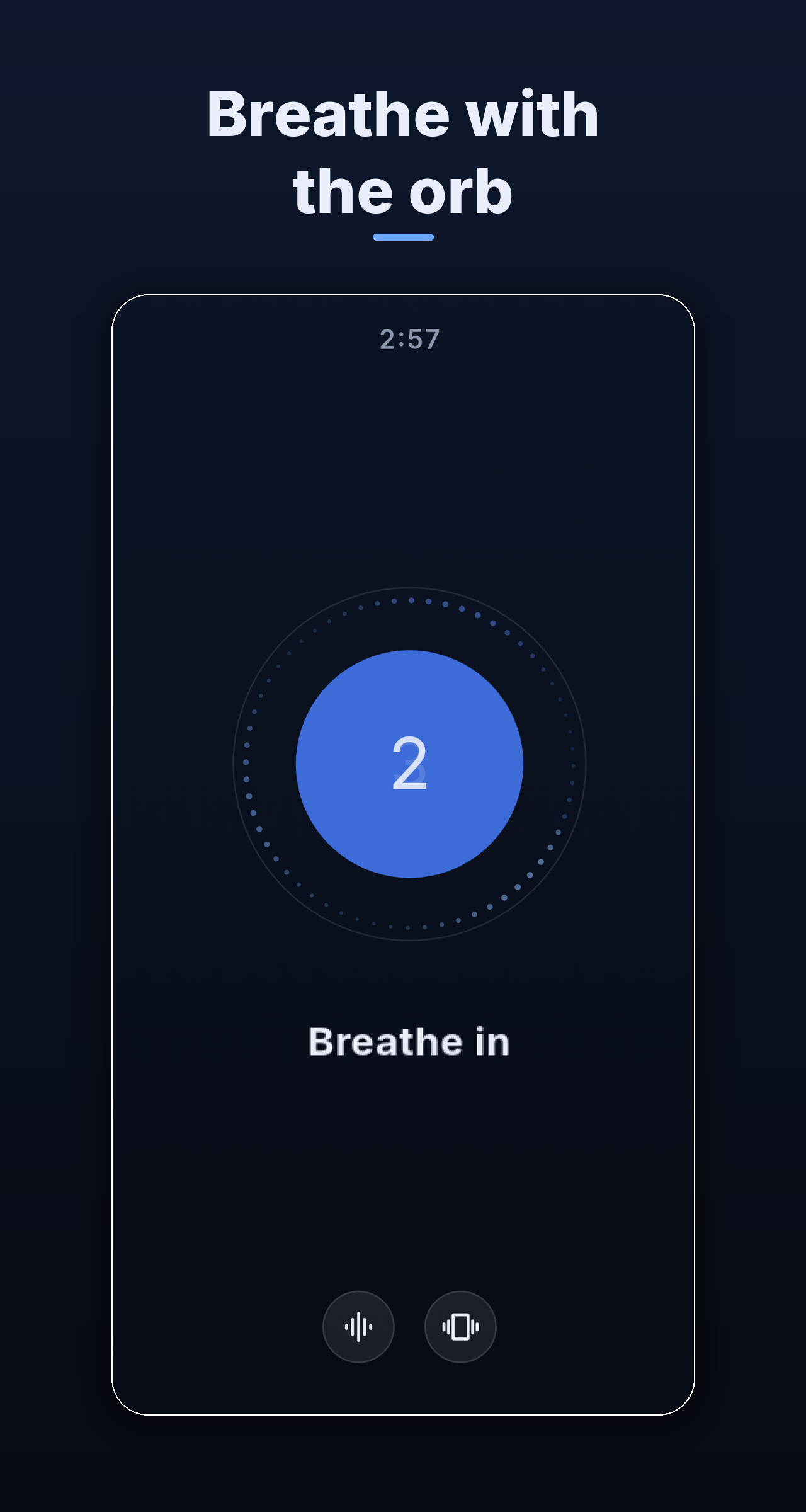 A session in progress — the orb contracts on the exhale with a seconds counter and the Breathe out cue