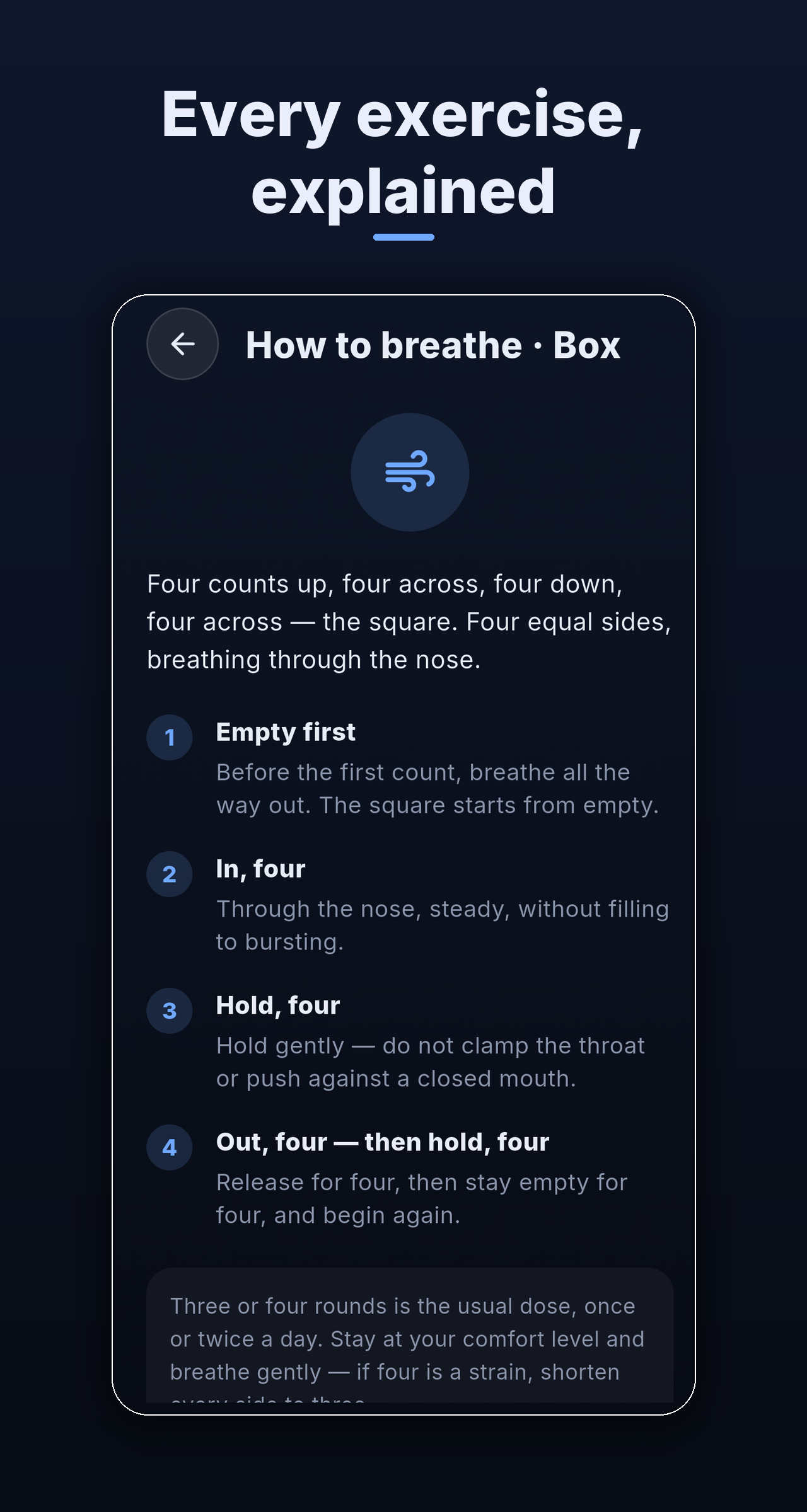 The written instruction for Box breathing: empty first, in four, hold four, out four, hold four
