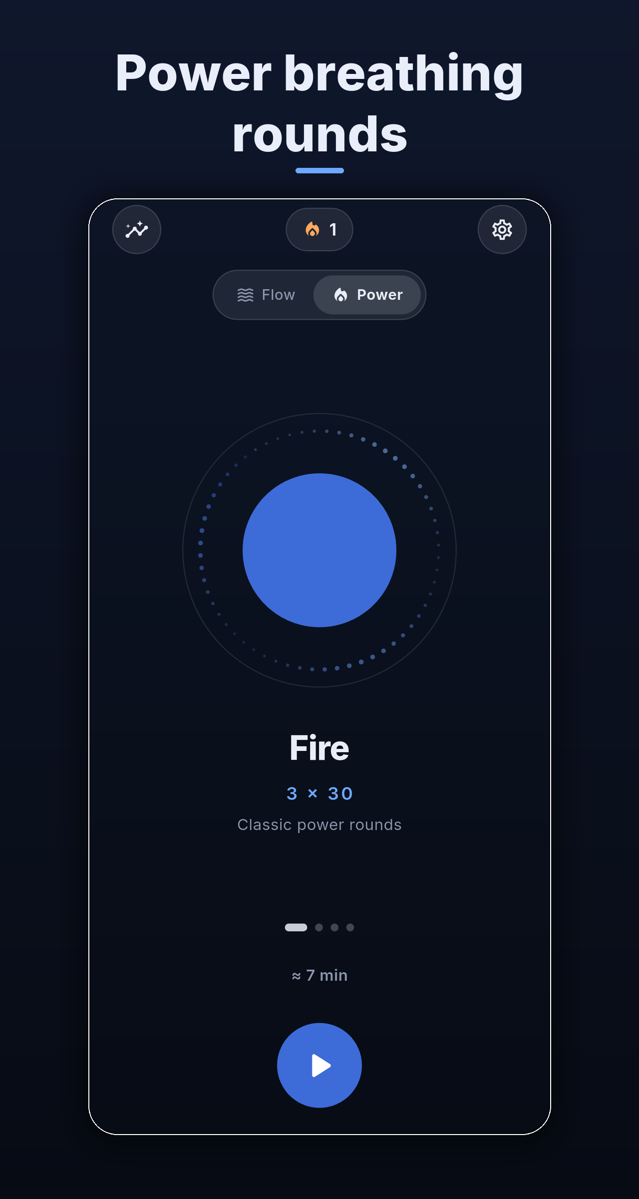 Power mode with the Fire technique — three rounds of thirty fast breaths