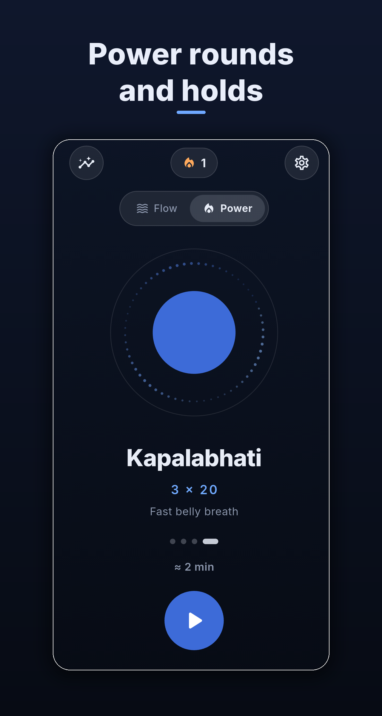 Power mode with the Fire technique — three rounds of thirty fast breaths
