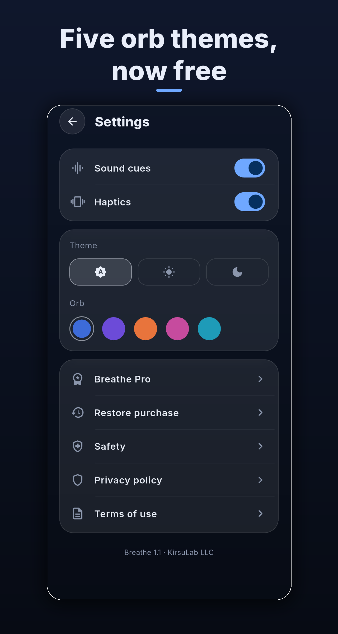 Settings with five free orb color themes, sound and haptic options