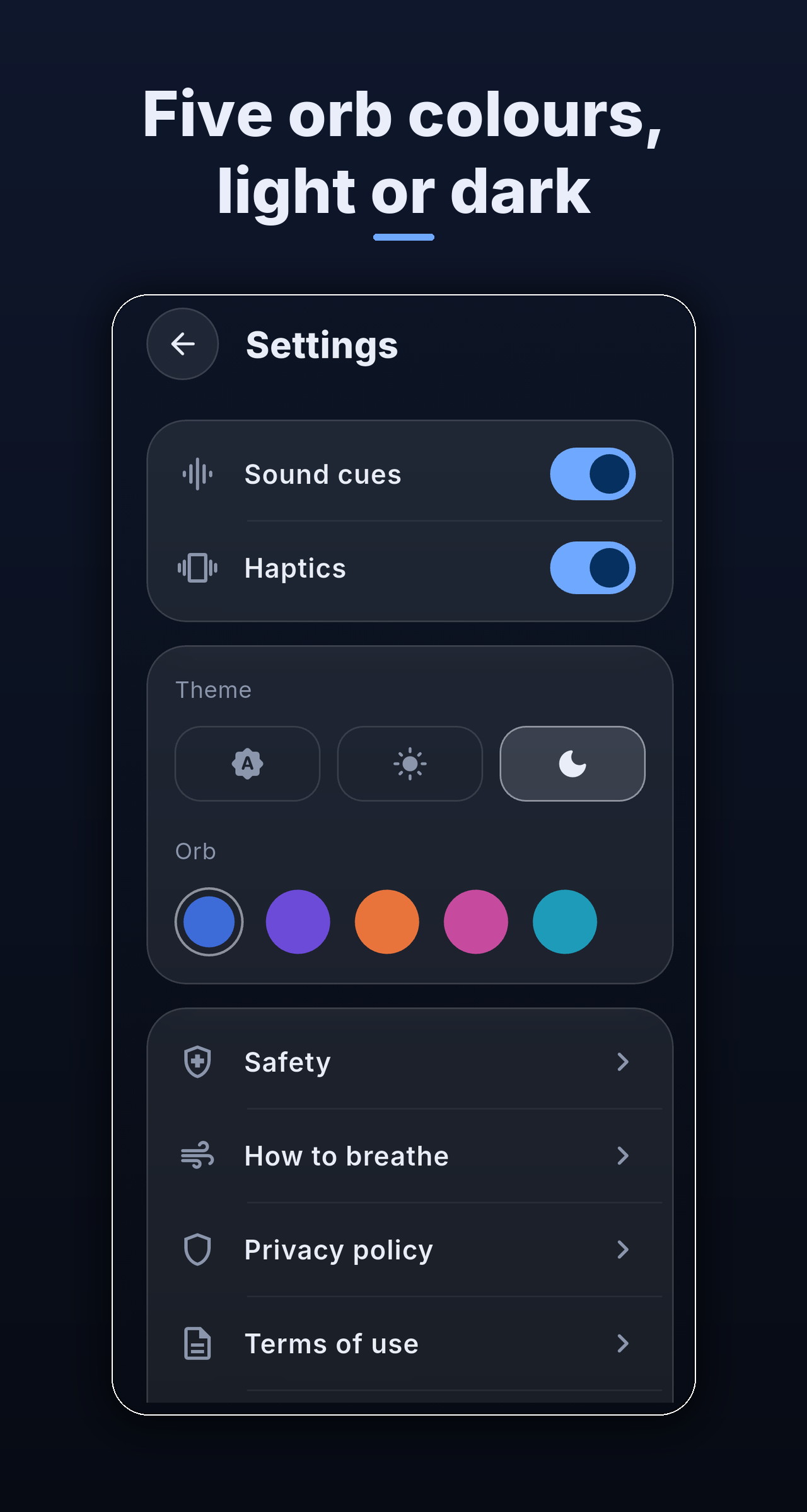 Settings with five free orb colours, light and dark themes, sound and haptic options
