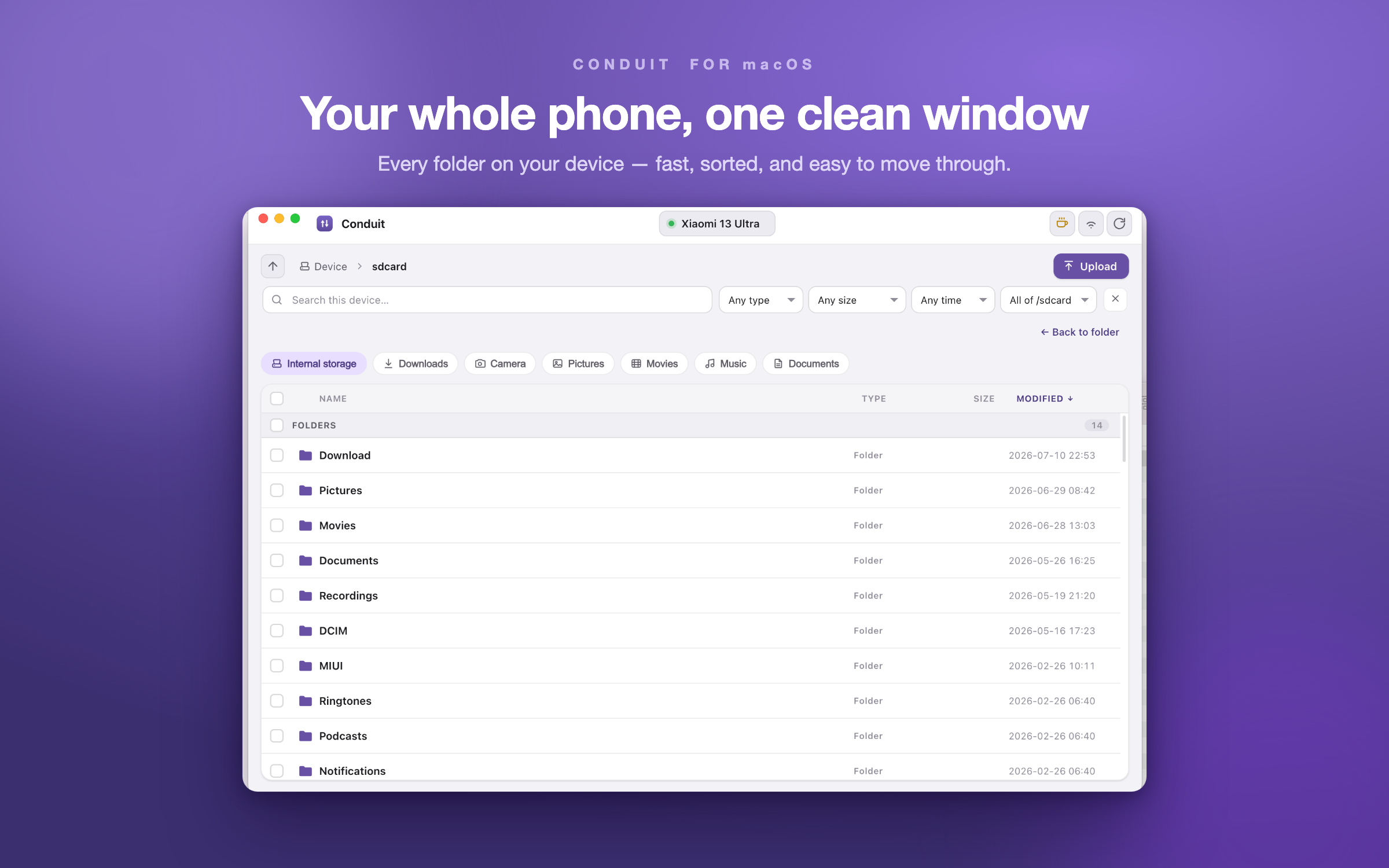 Conduit Android file manager for Mac, browsing a phone over USB — files sorted by date and grouped by day, with quick shortcuts for Download, DCIM and Pictures