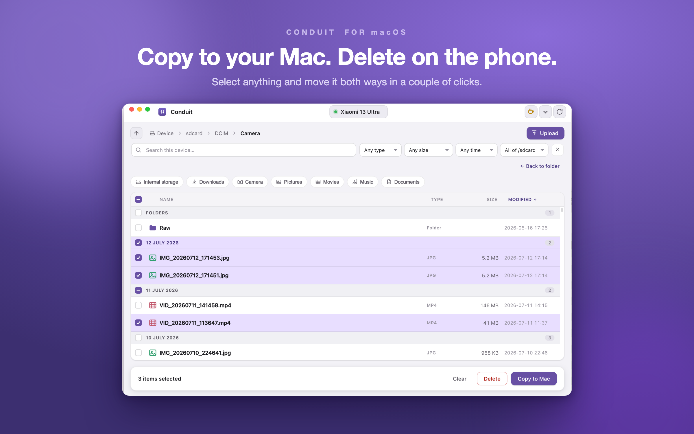 Selecting photos and videos and copying them straight to the Mac