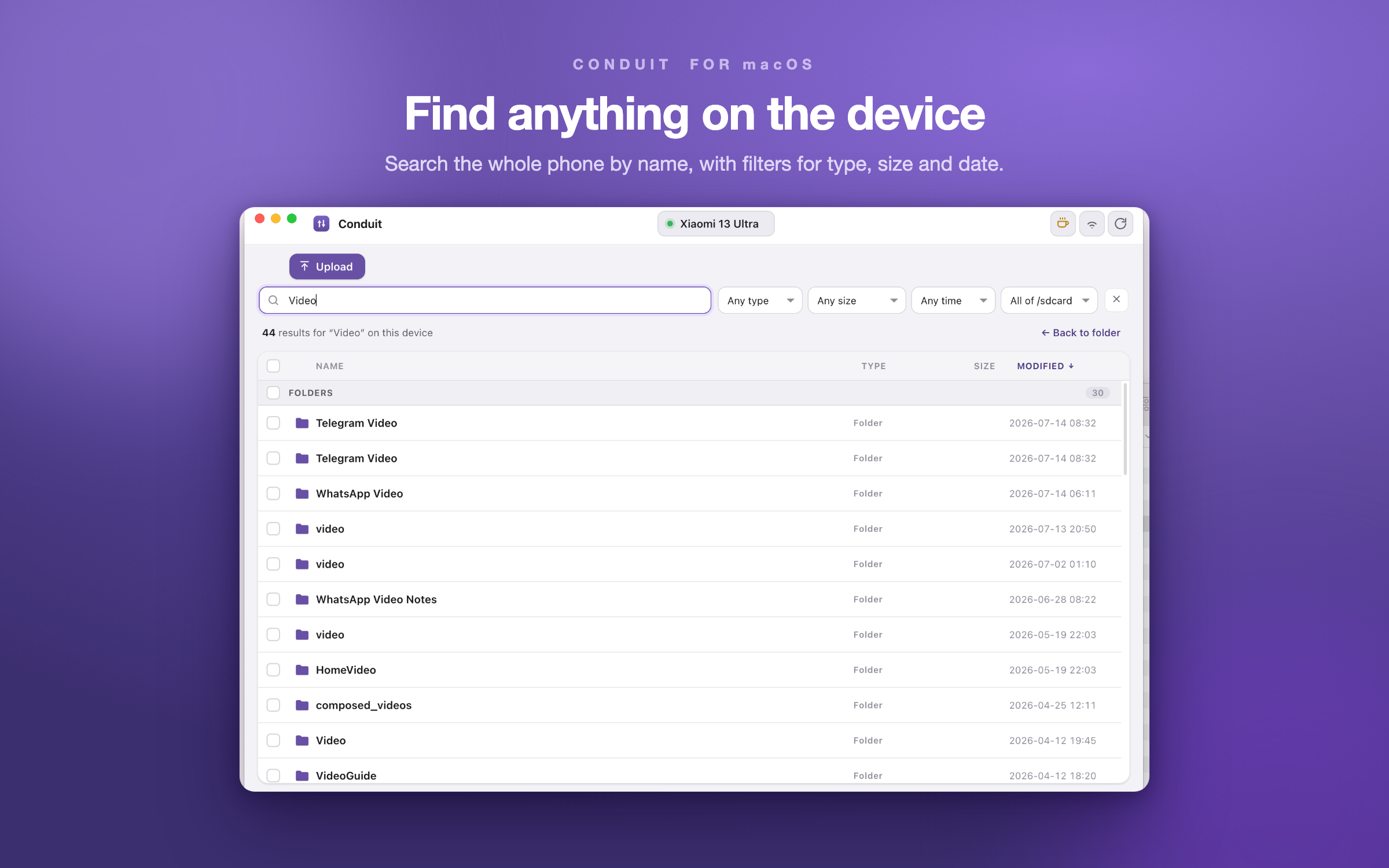 Searching the whole device by name with filters for type, size and date