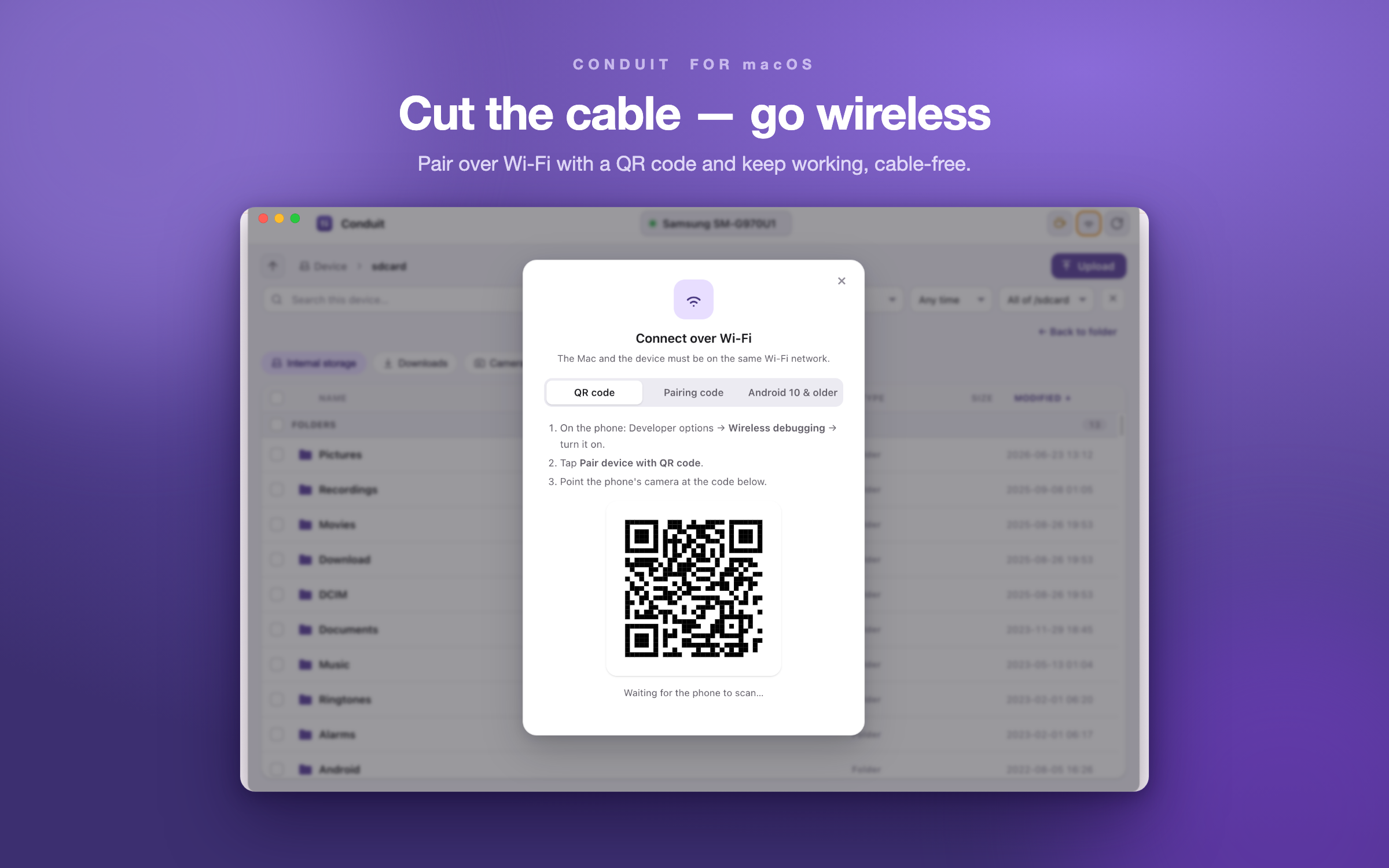 Connecting to the phone wirelessly over Wi-Fi with a QR code