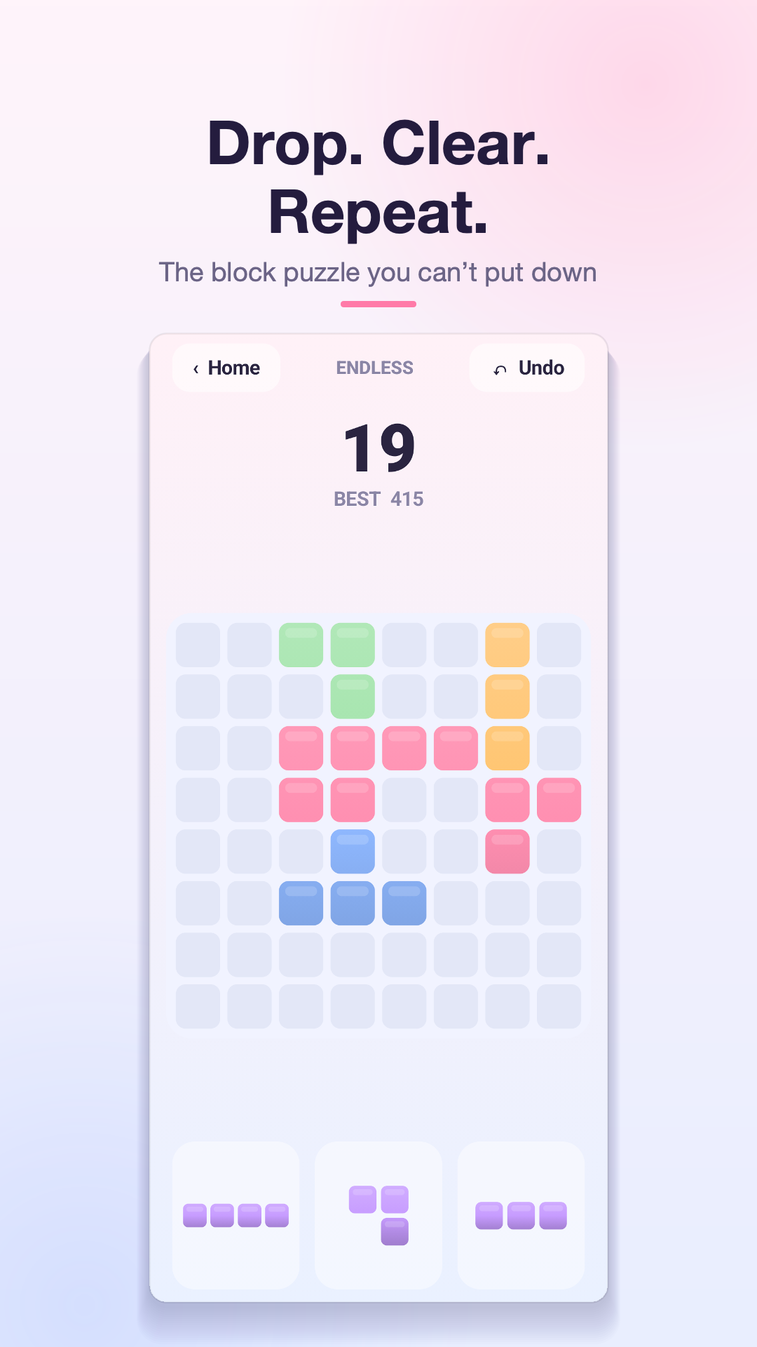 Cubora gameplay — blocks dropped on the 8×8 grid in endless mode