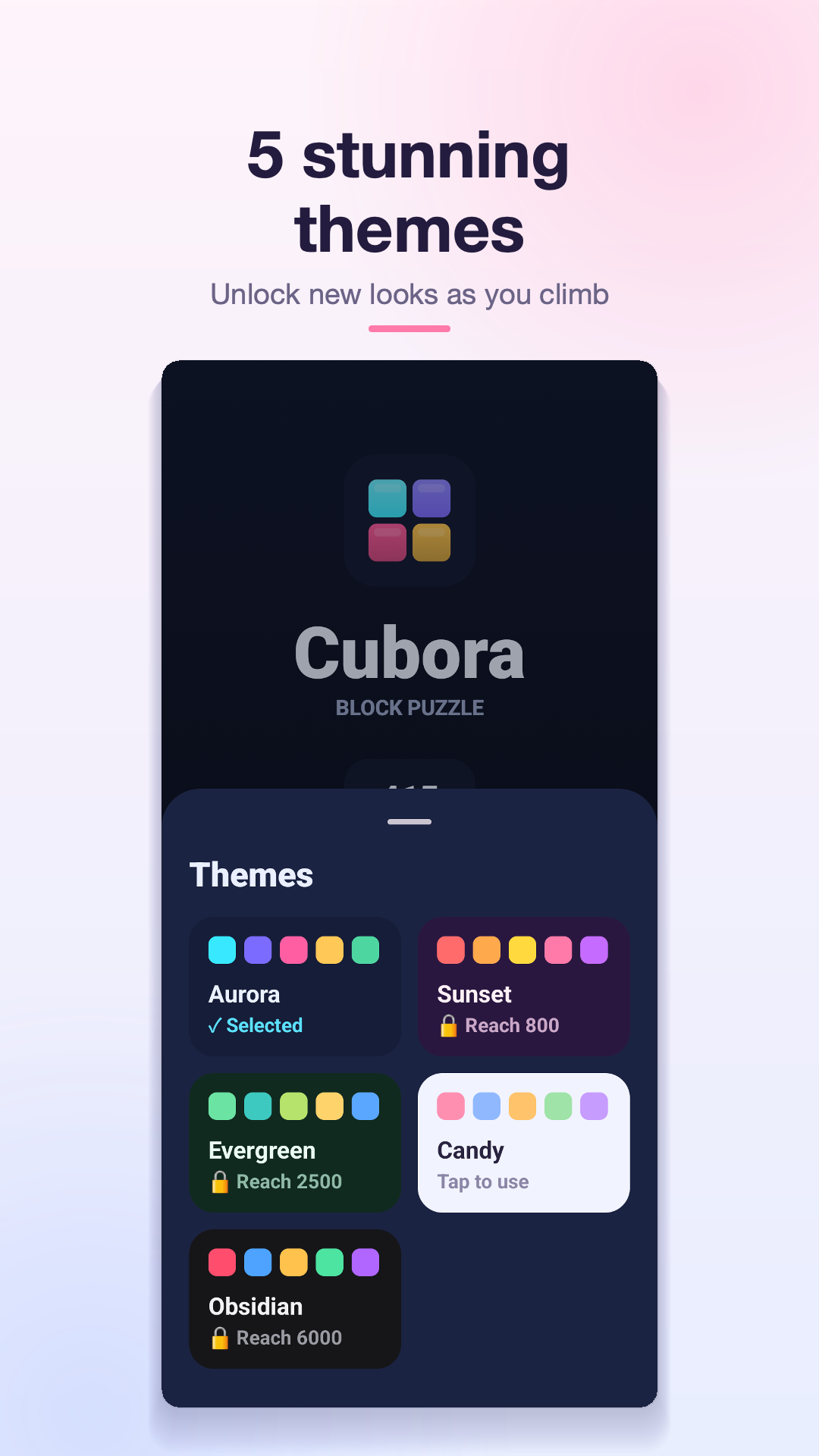 Unlockable board themes — Aurora, Sunset, Evergreen, Candy and Obsidian