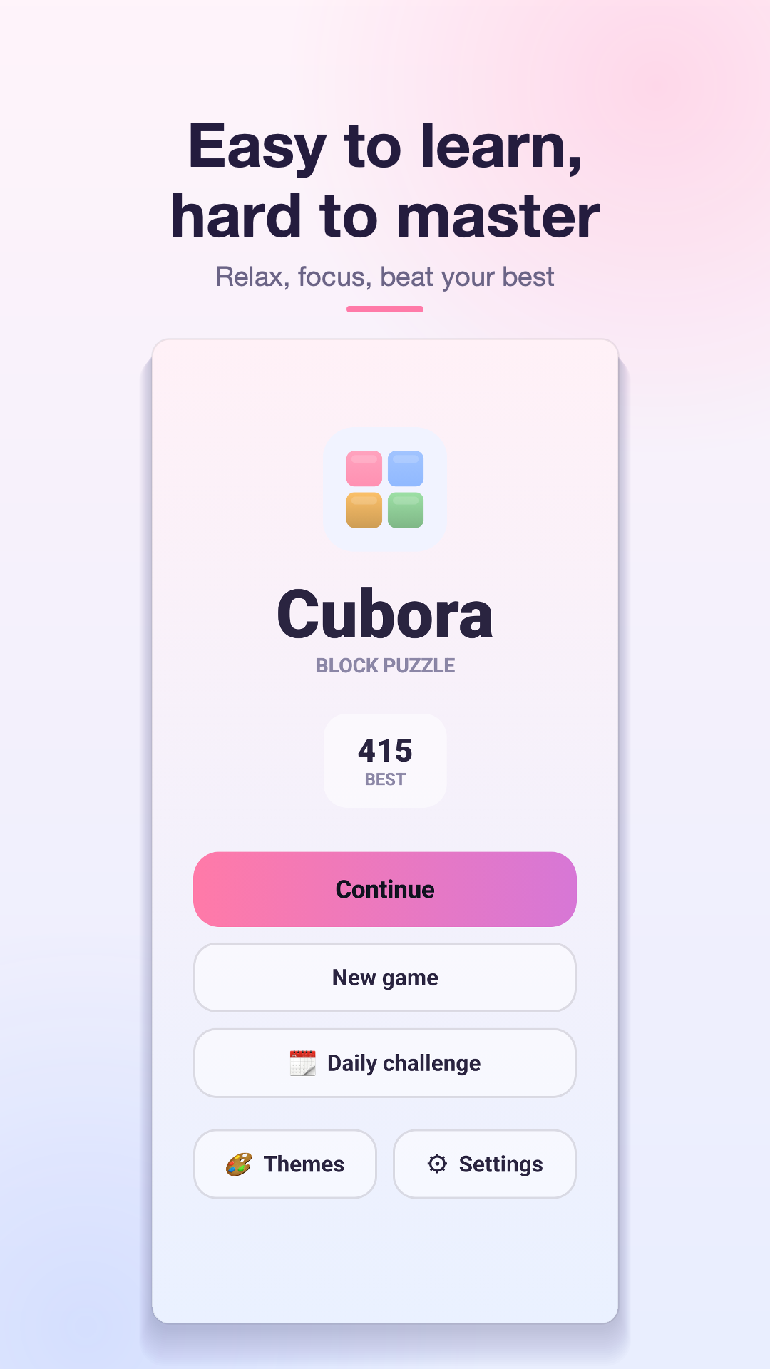 Cubora main menu with Continue, New game and Daily challenge