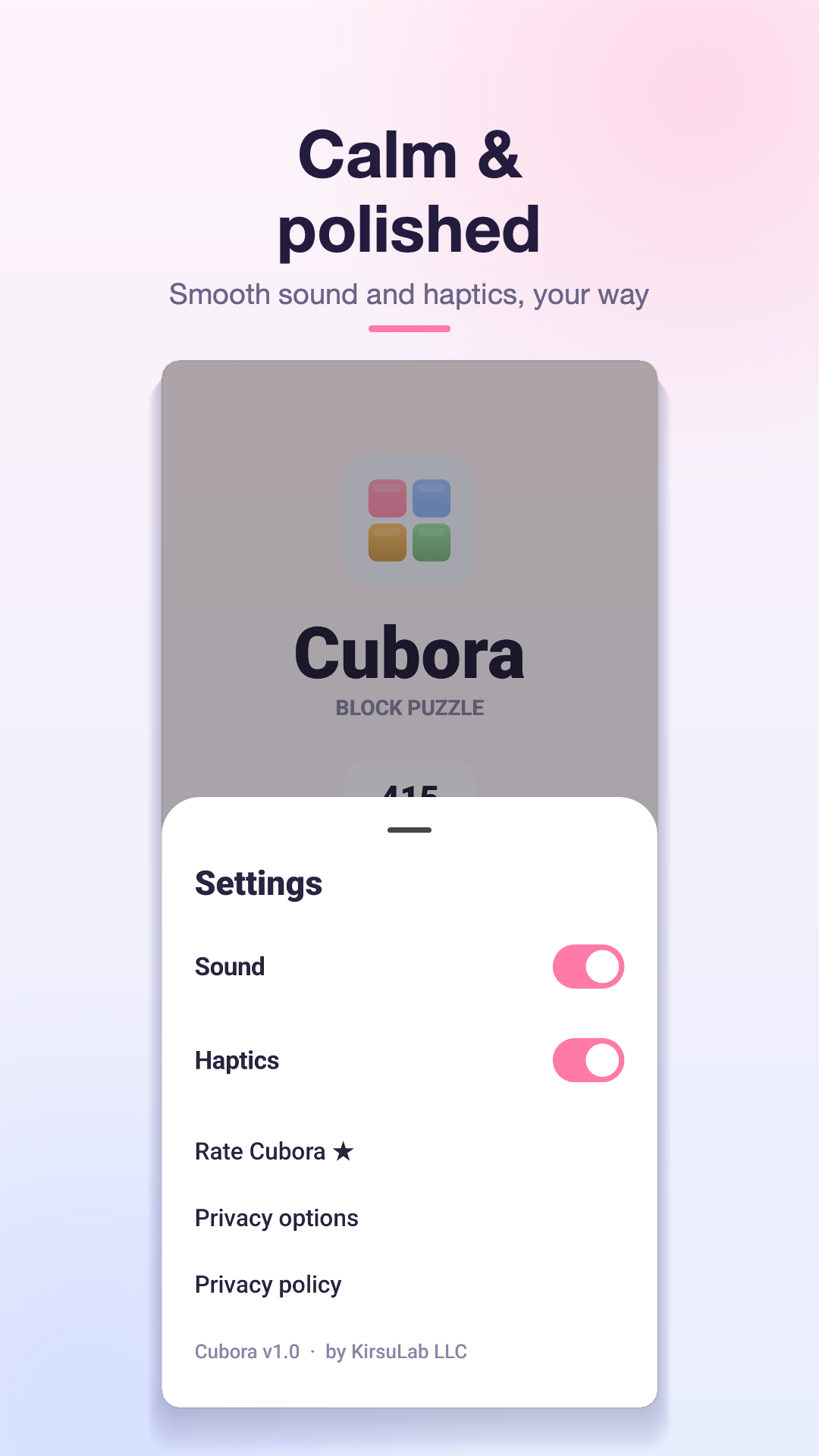 Settings with sound and haptics toggles
