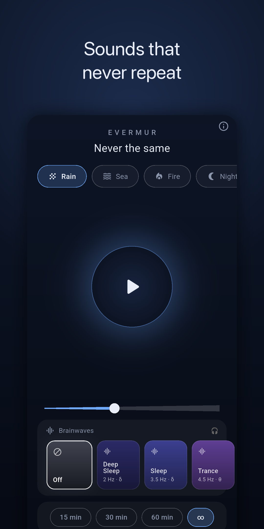 Evermur home screen: the EVERMUR wordmark, the tagline Never the same, scene buttons and a glowing play orb