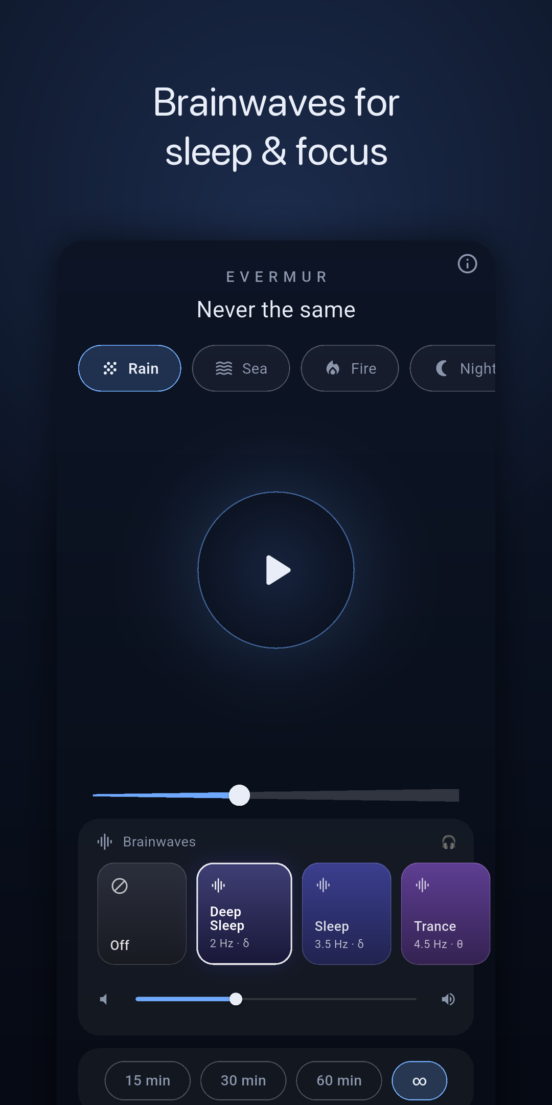 Binaural brainwave presets — Deep Sleep, Sleep, Trance — with a background volume slider