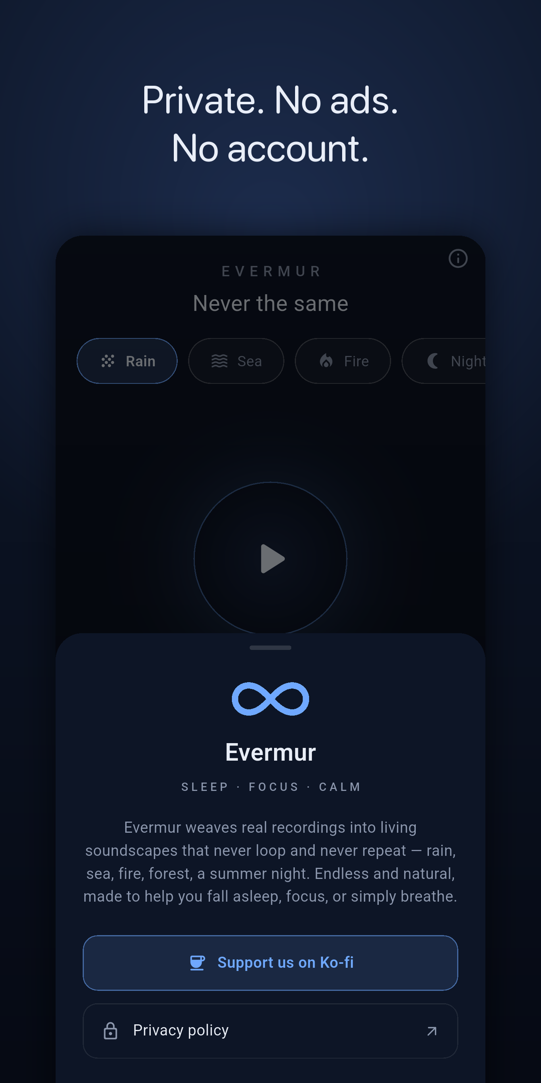 The about panel — private, no ads, no account, with a link to support on Ko-fi