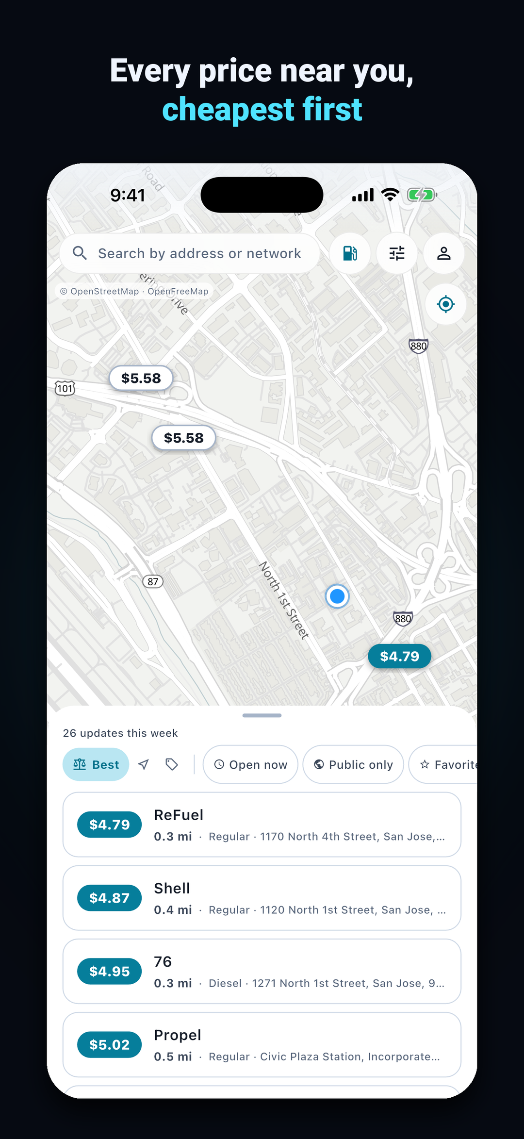 Framed store screenshot: the live map with price pills, the cheapest glowing cyan, captioned 'Every price near you, cheapest first'