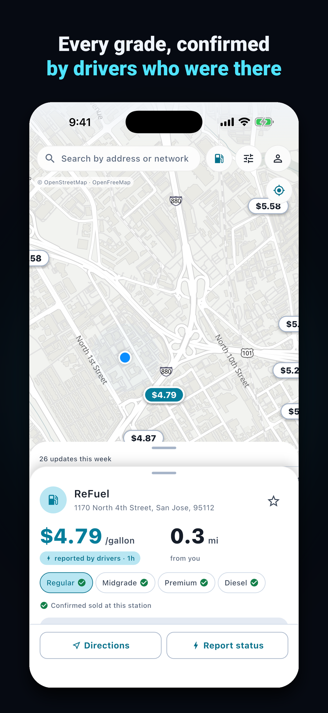 Framed store screenshot: a station card with a driver-reported price and every fuel grade confirmed, captioned 'Every grade, confirmed by drivers who were there'