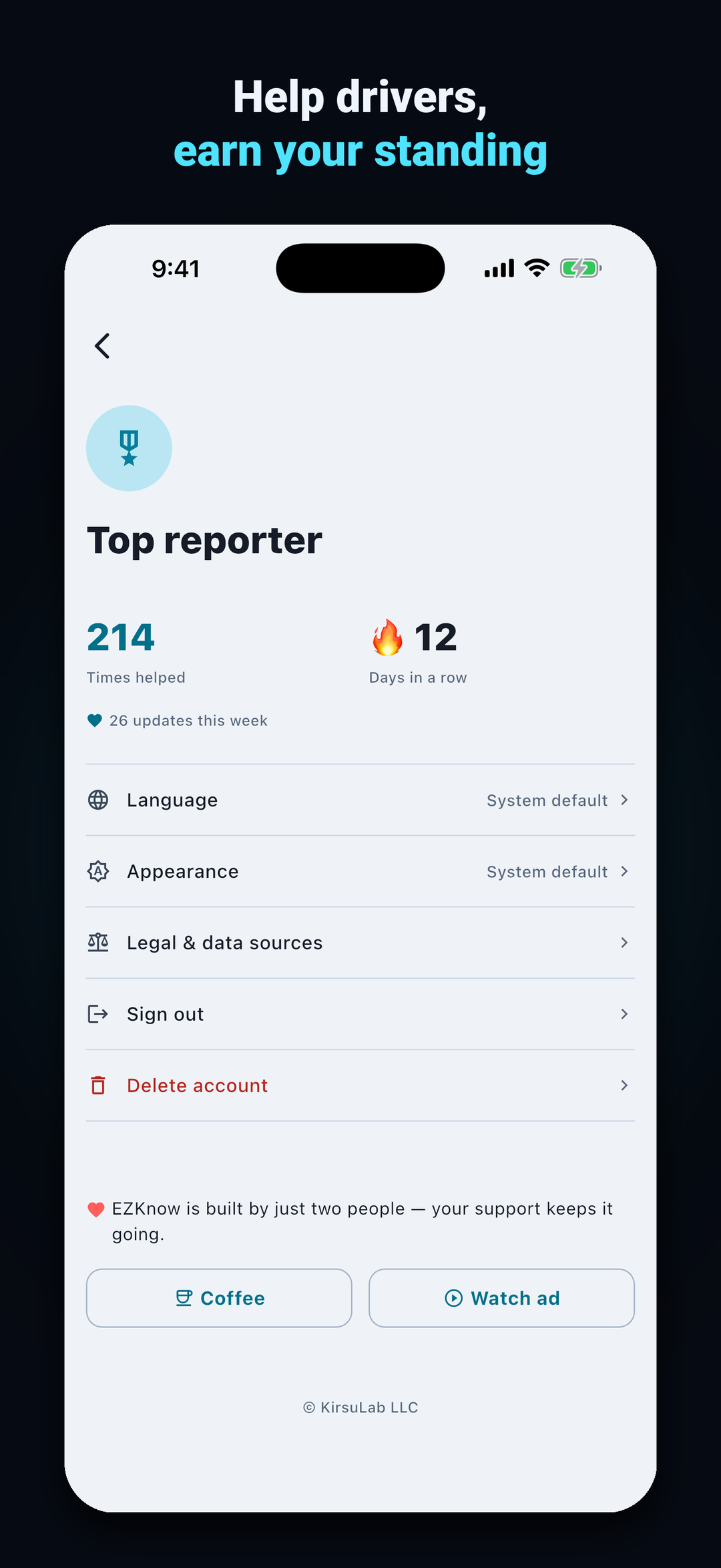 Framed store screenshot: the profile with Top reporter rank, 214 drivers helped and a 12-day streak, captioned 'Help drivers, earn your standing'