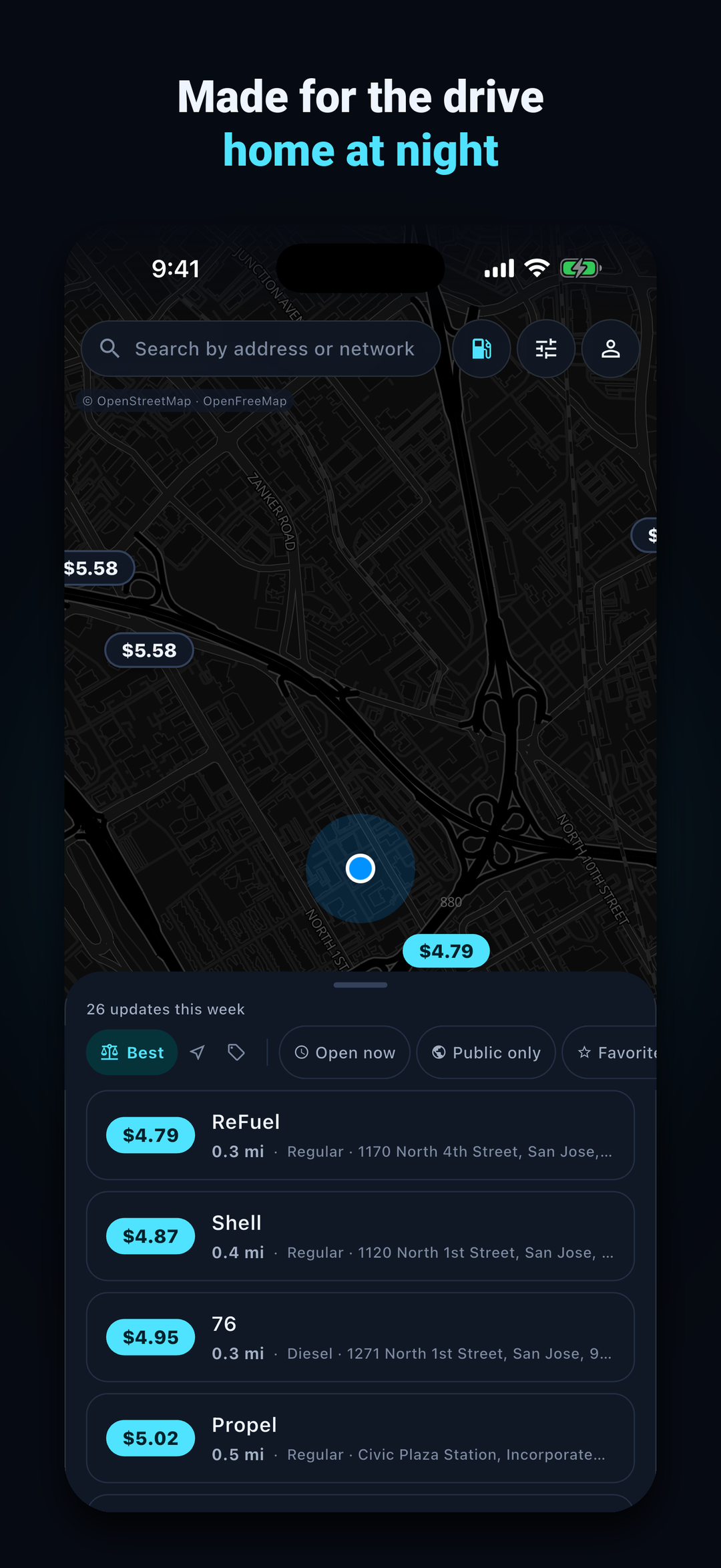 Framed store screenshot: the dark OLED map with glowing cyan pills, captioned 'Made for the drive home at night'