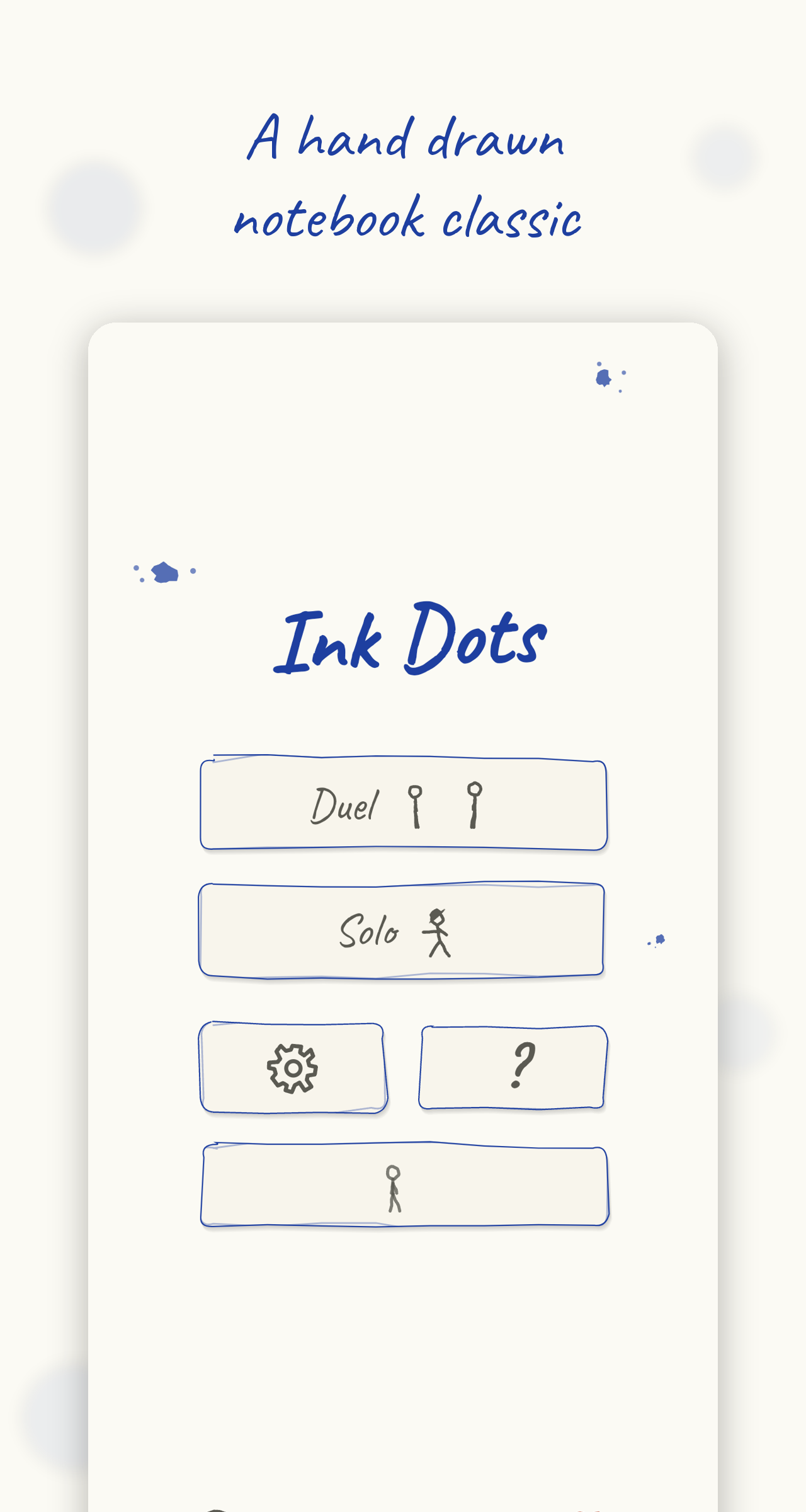 Ink Dots home screen with a hand-drawn menu on paper