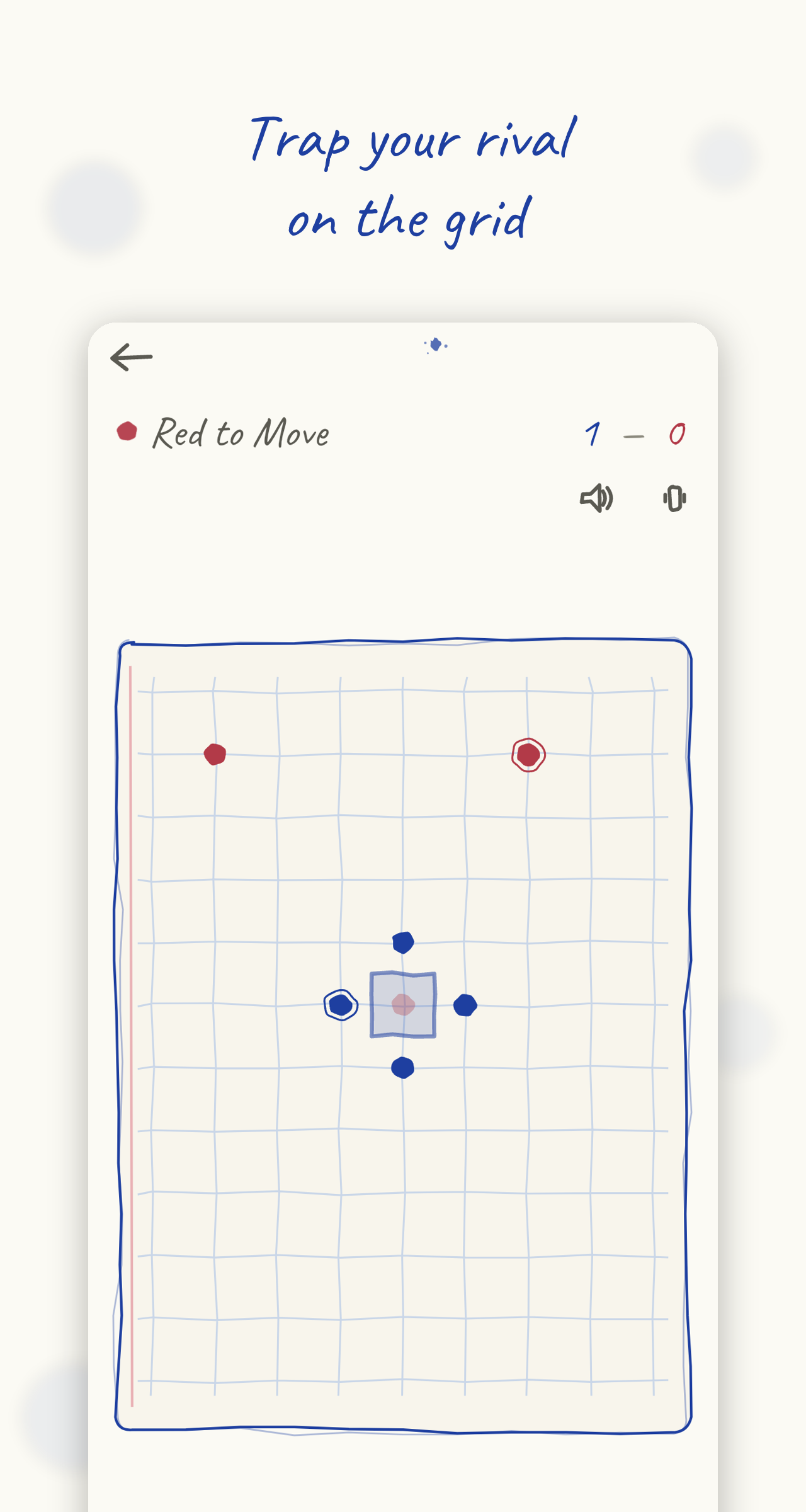 Gameplay on a paper grid with blue and red dots, Red to move