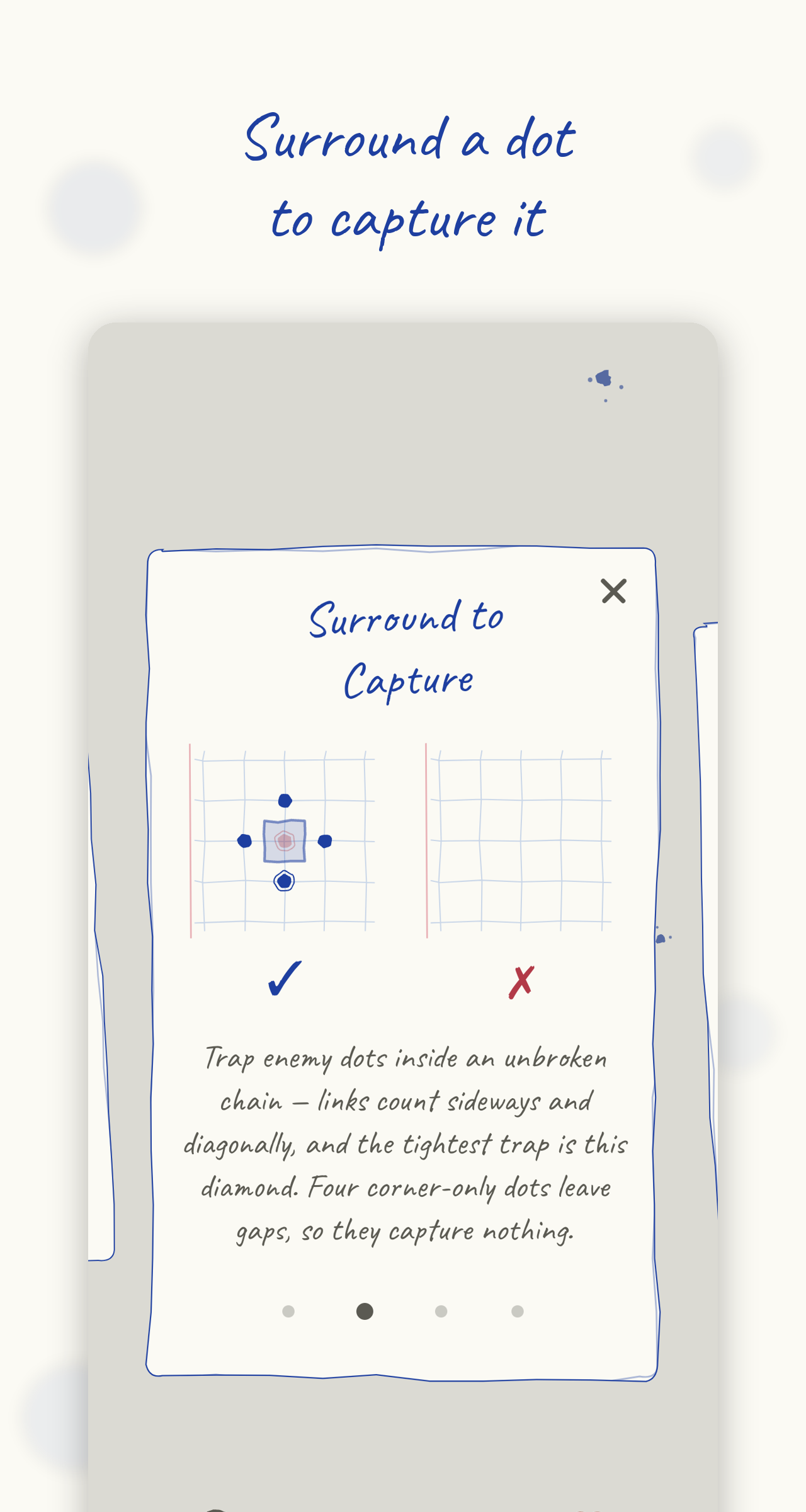 Rules card showing how to surround a dot with an unbroken chain to capture it