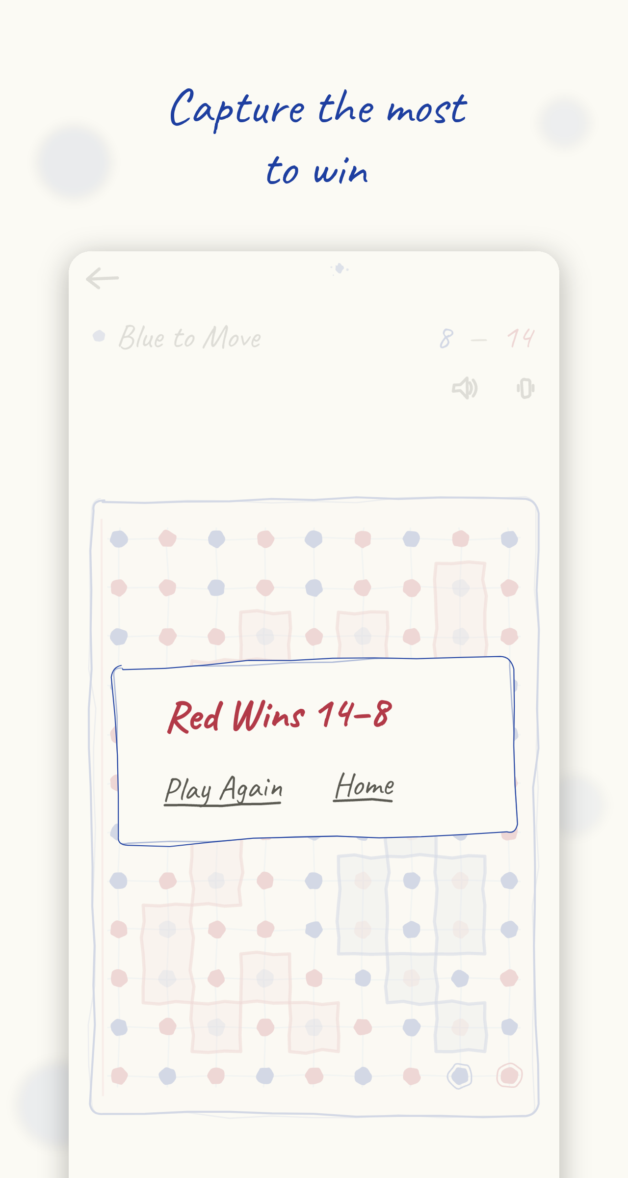 End-of-game card showing Red wins 14–8, with Play Again and Home