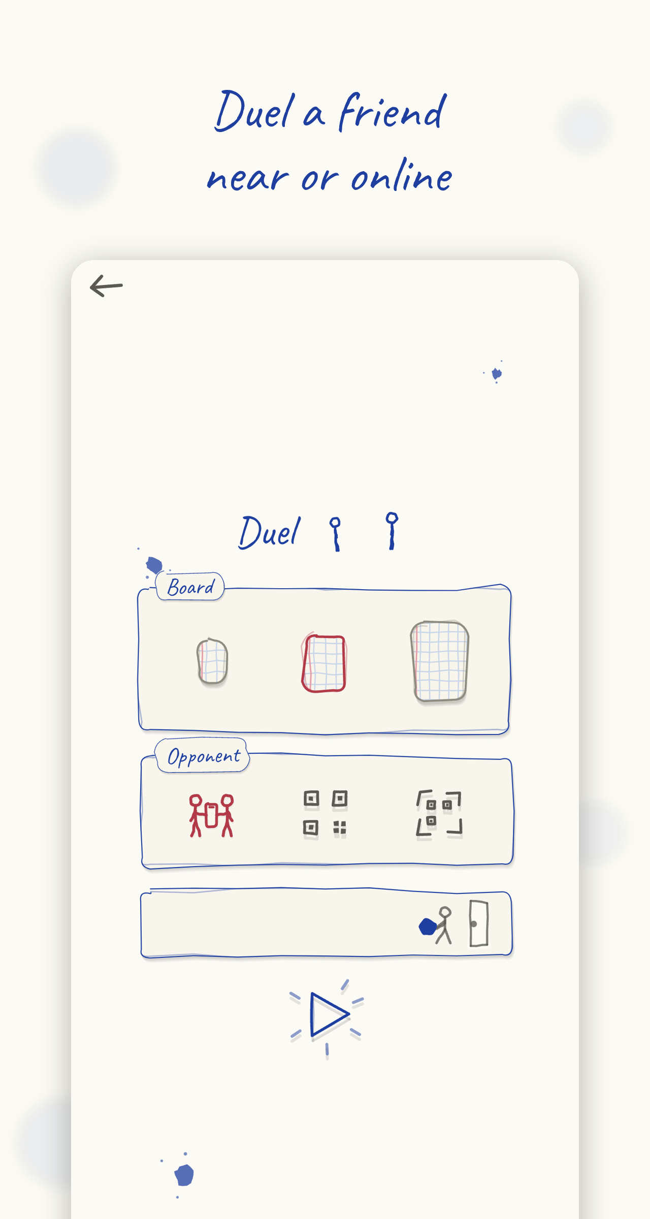 Duel setup for two players — pass-and-play or pairing two phones by QR code