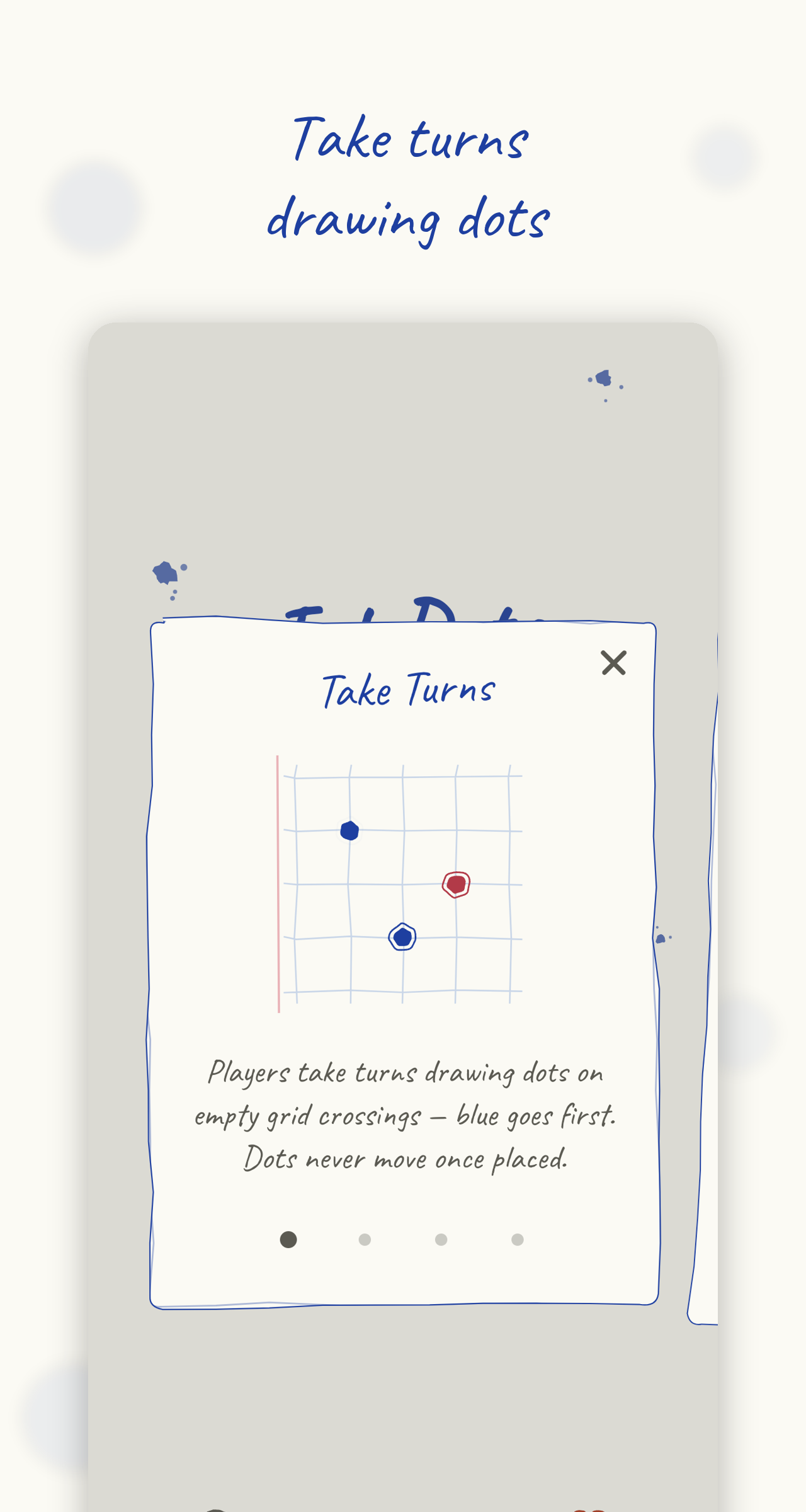 Rules card explaining that players take turns drawing dots on empty crossings