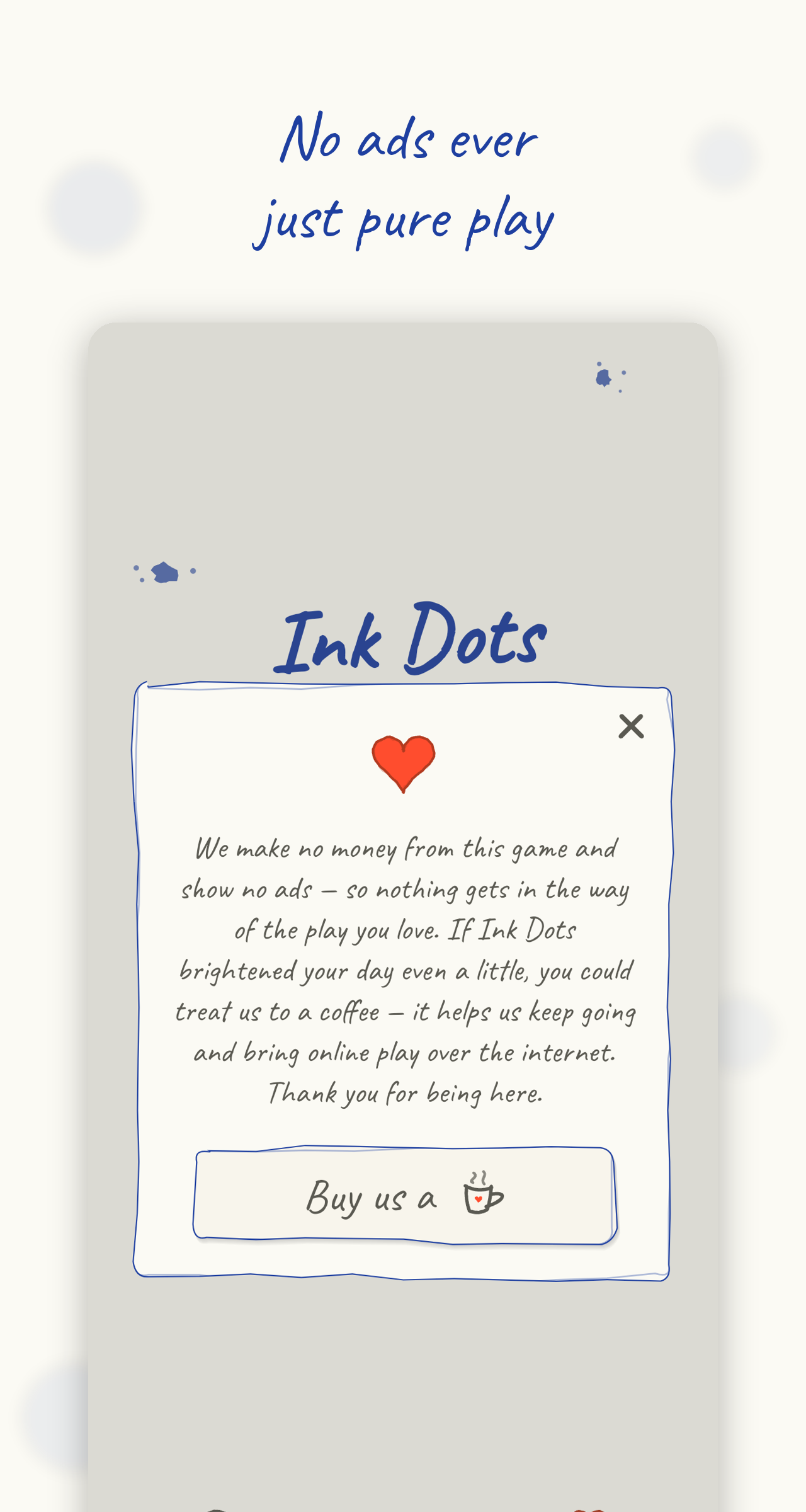 Support card — no ads ever, with a Buy us a coffee button