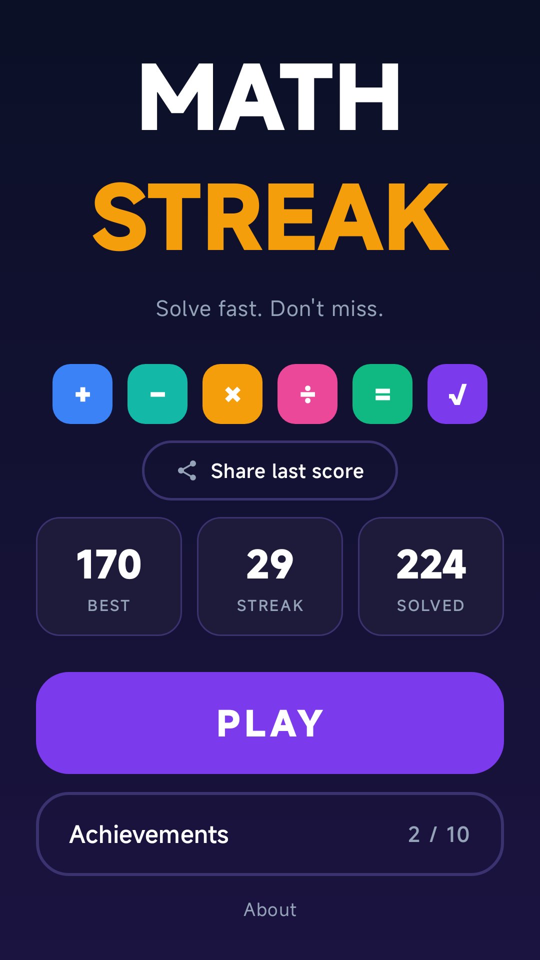 Math Streak home screen with personal bests and achievements