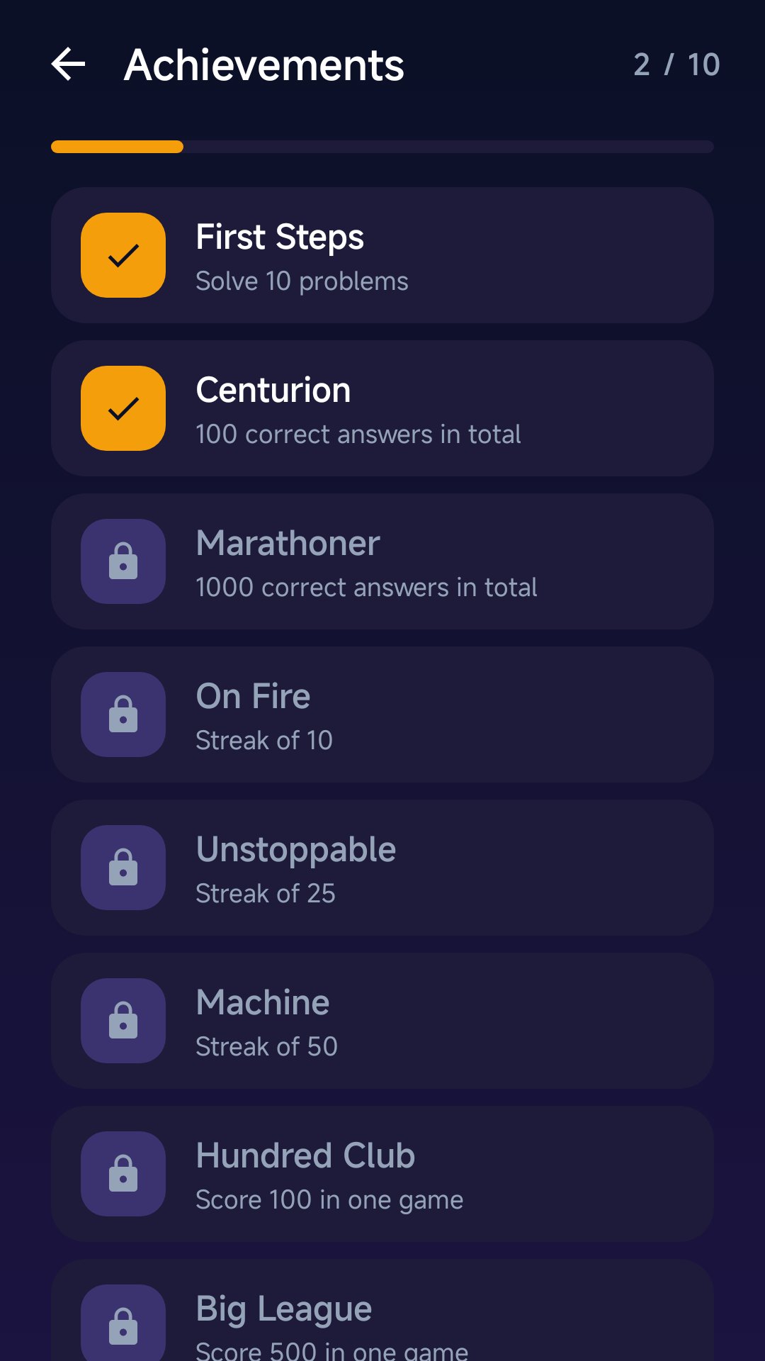 Achievements screen with unlocked and locked badges