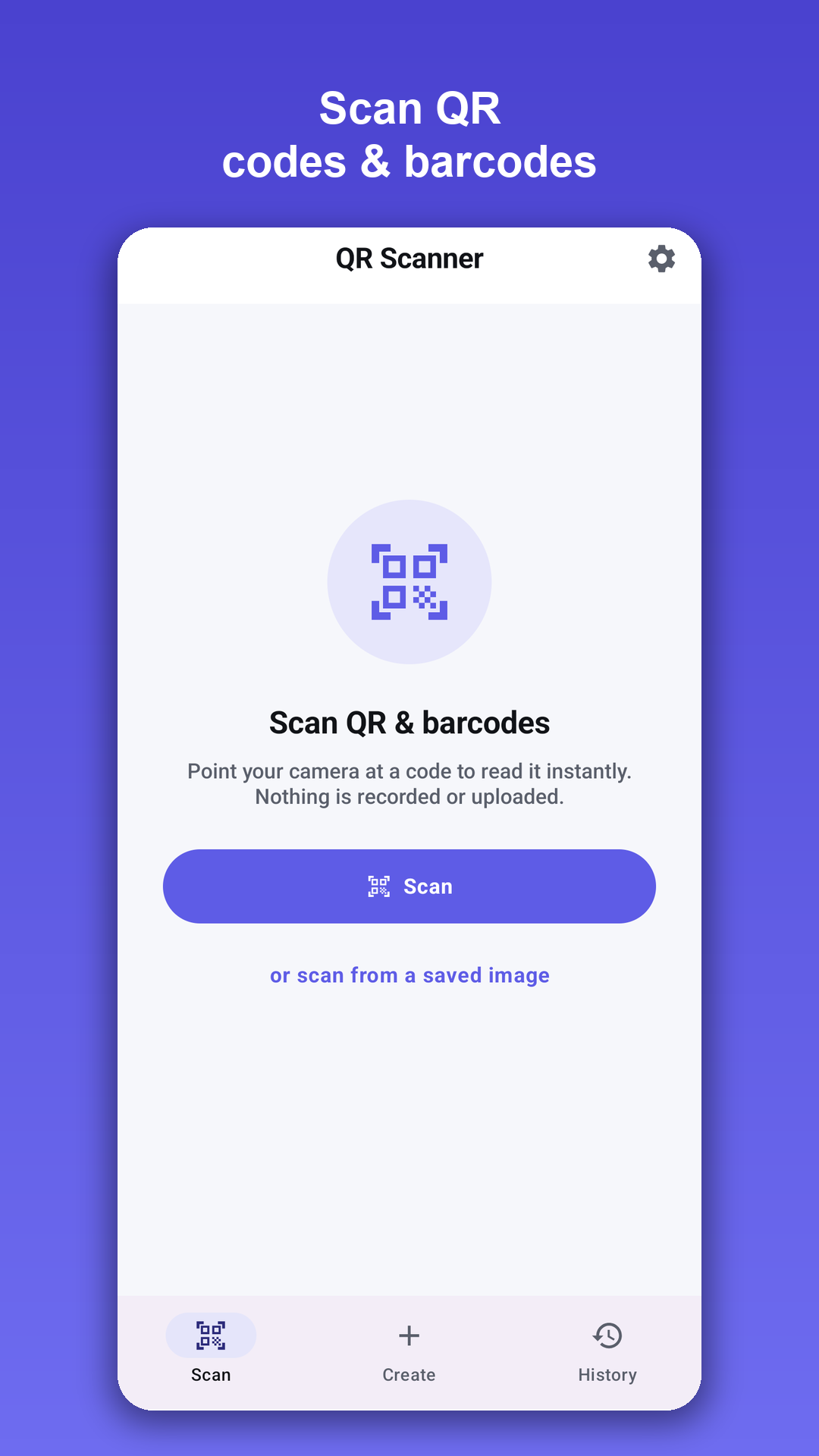 QR Scanner home screen ready to scan a QR code or barcode