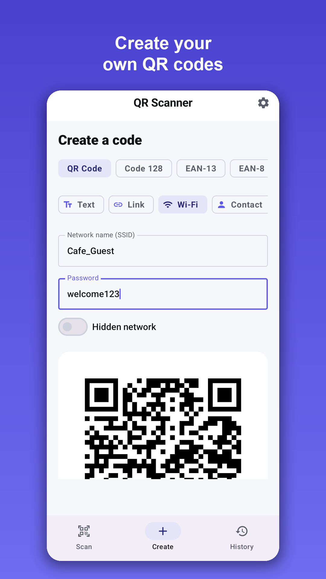 Creating a Wi-Fi QR code in the built-in code generator