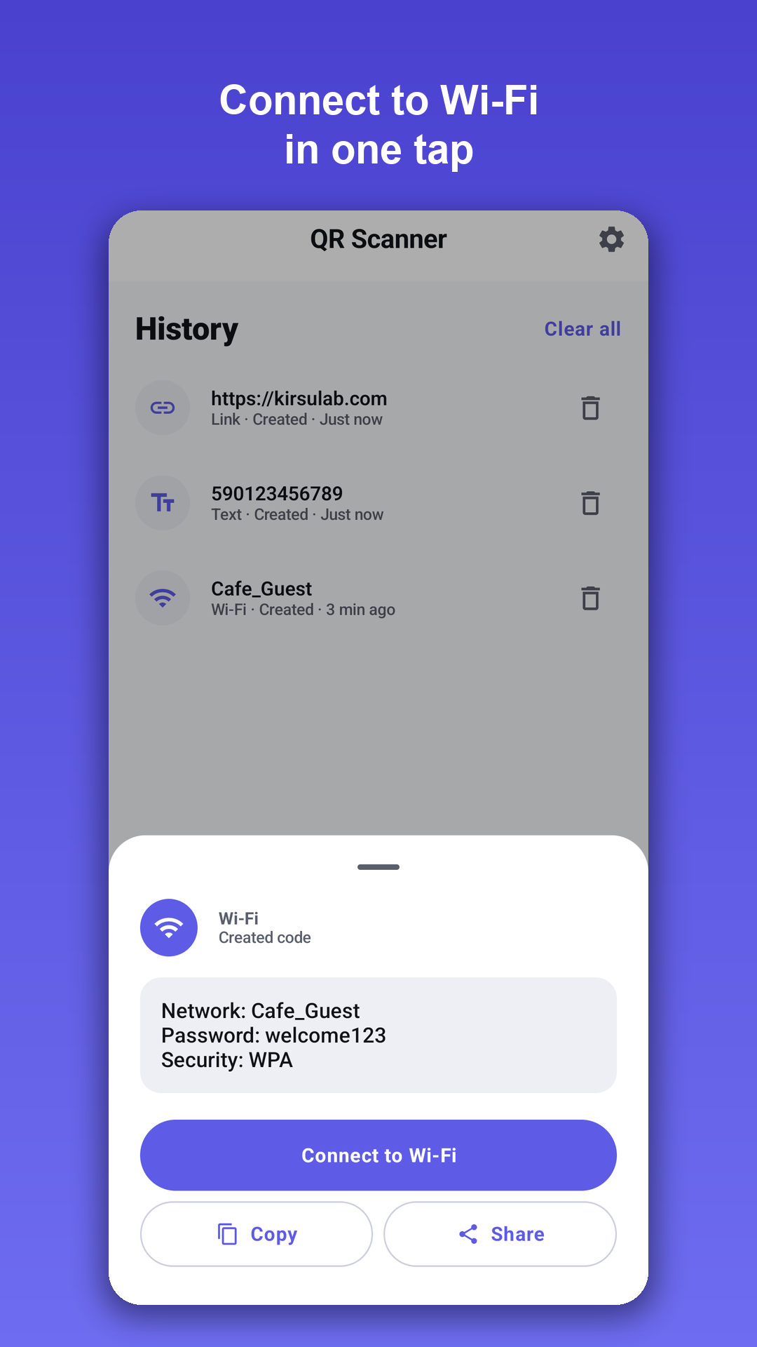 A scanned Wi-Fi code offering to connect in one tap