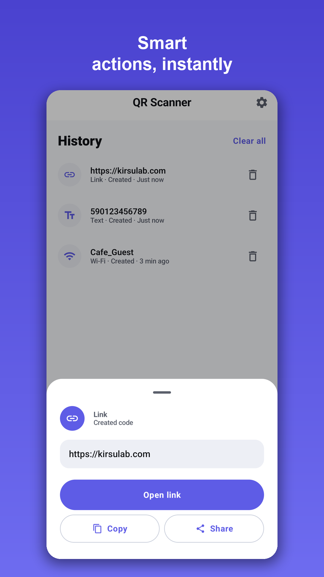 A scanned link with one-tap open, copy and share actions