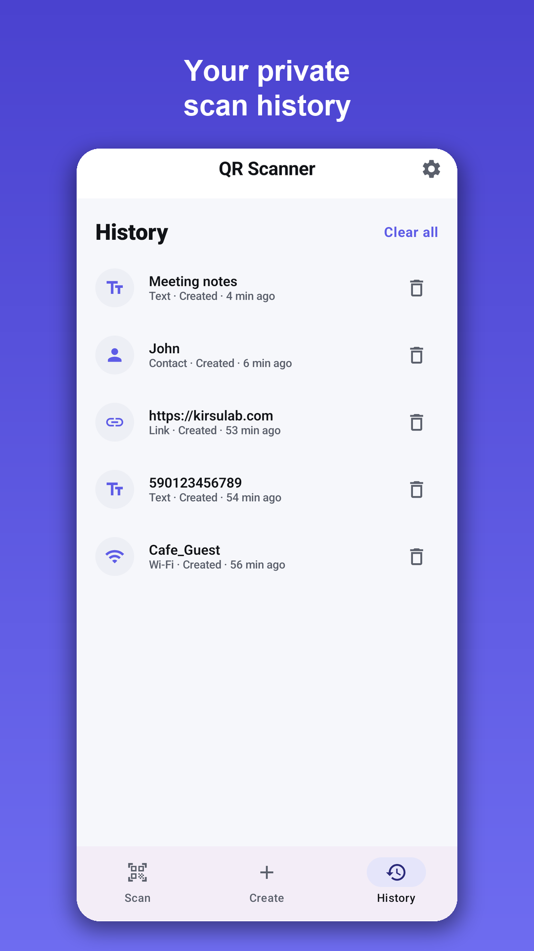 Private scan and create history stored on the device
