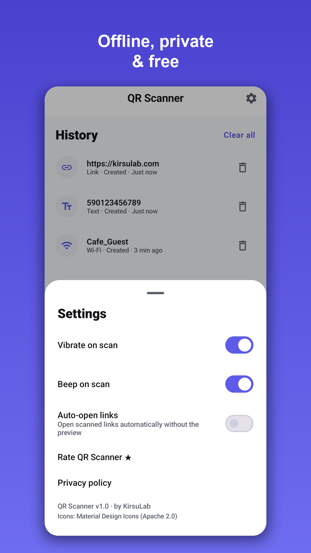 Settings with vibrate, beep and auto-open toggles