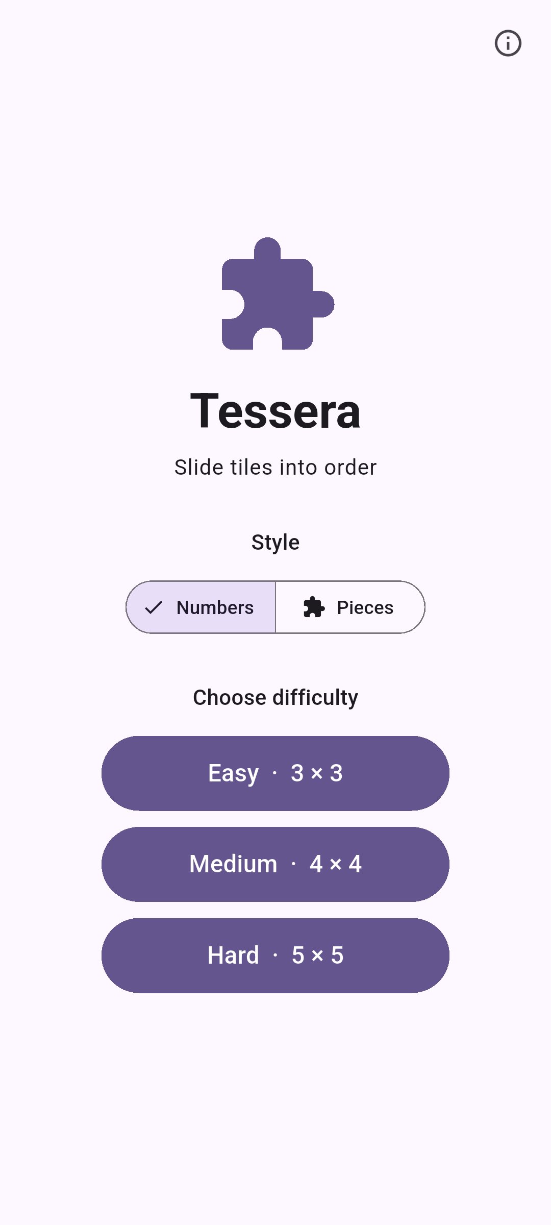 Tessera home screen with style toggle and difficulty selection