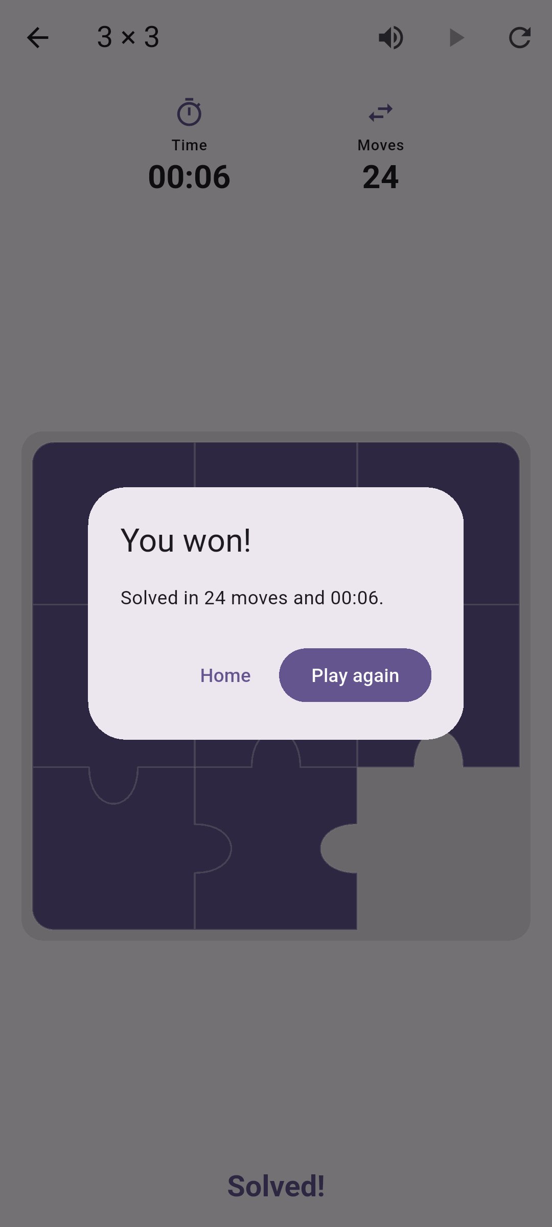 Tessera win dialog showing moves and time