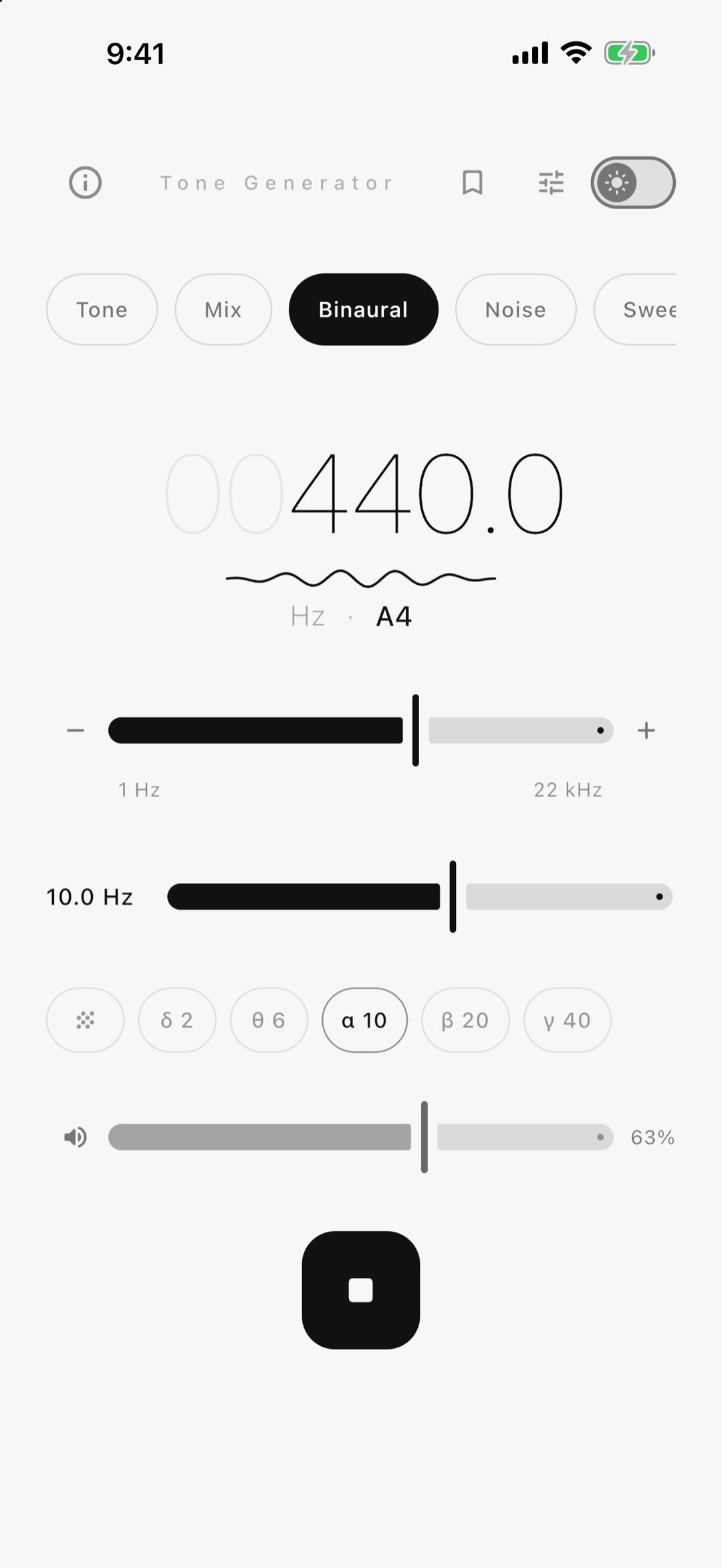 Binaural beats: a 10 Hz alpha beat with presets from delta to gamma