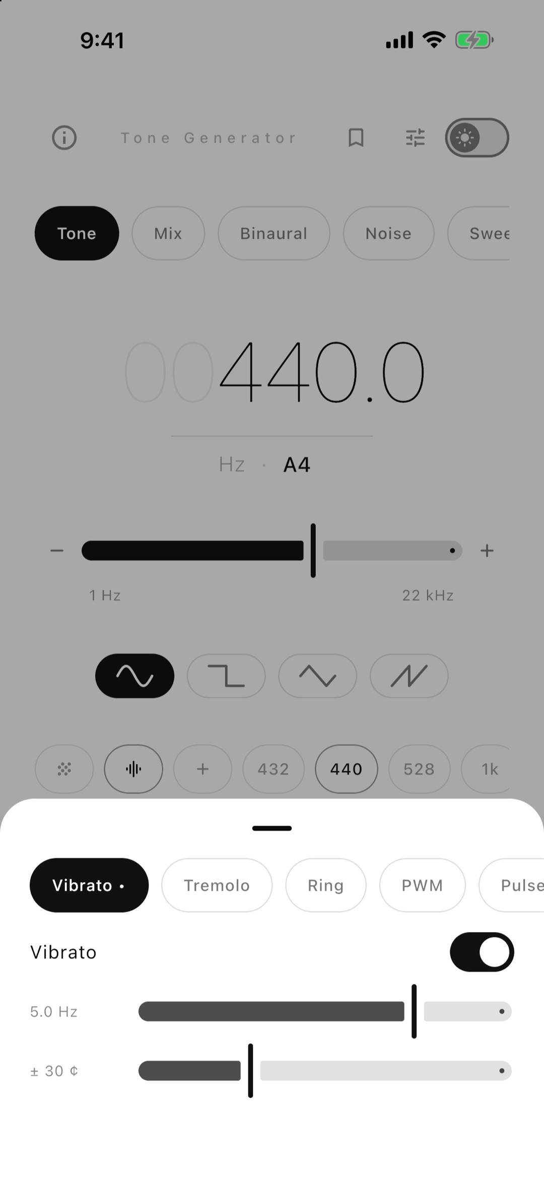 Effects: vibrato, tremolo, ring modulation, pulse width and pulse