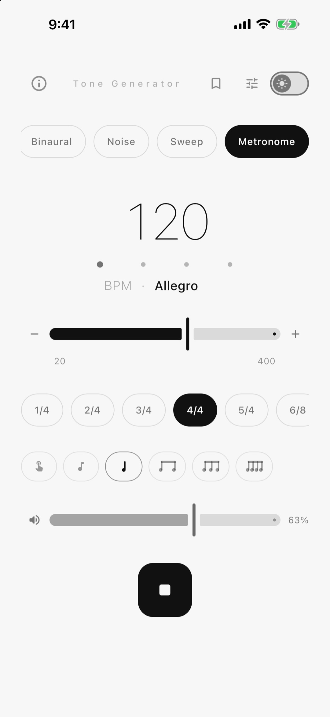 The metronome at 120 BPM in 4/4, with meters, subdivisions and tap tempo