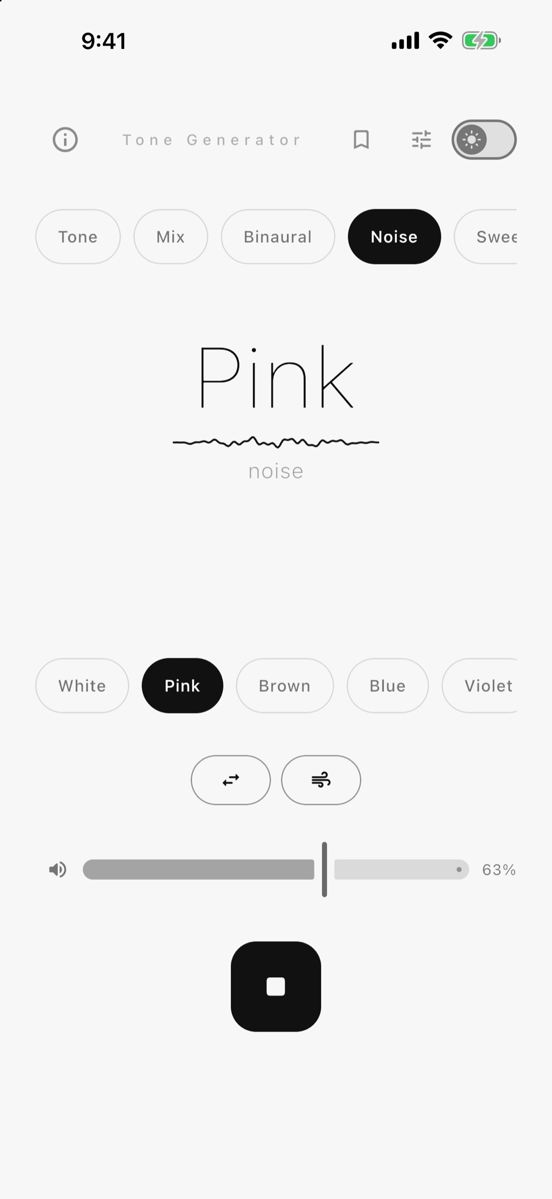 Pink noise playing, with the drift and breathing options on