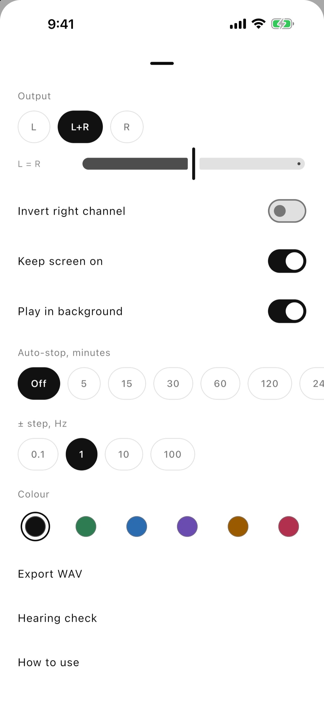 Settings: balance, the right channel flipped, auto-stop, six colours, WAV export and the hearing test